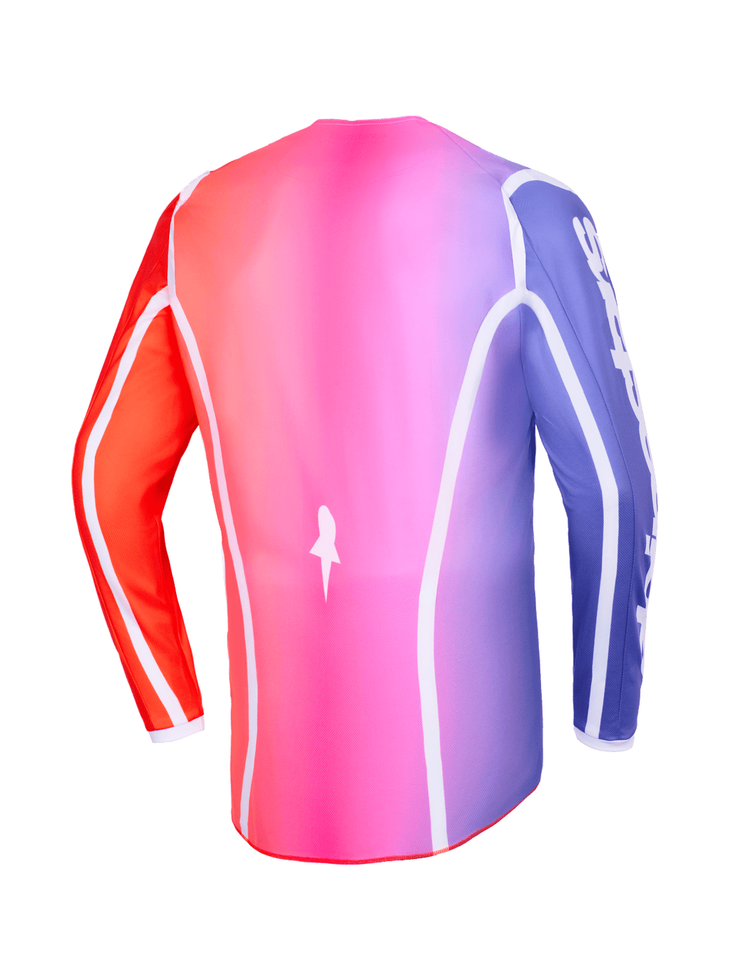 Jersey Alpinestars Fluid Apex 2026, vista trasera, degradado multicolor rosa, púrpura y naranja, con ribetes curvos blancos y dobladillo trasero extendido, ropa profesional de motocross y off-road