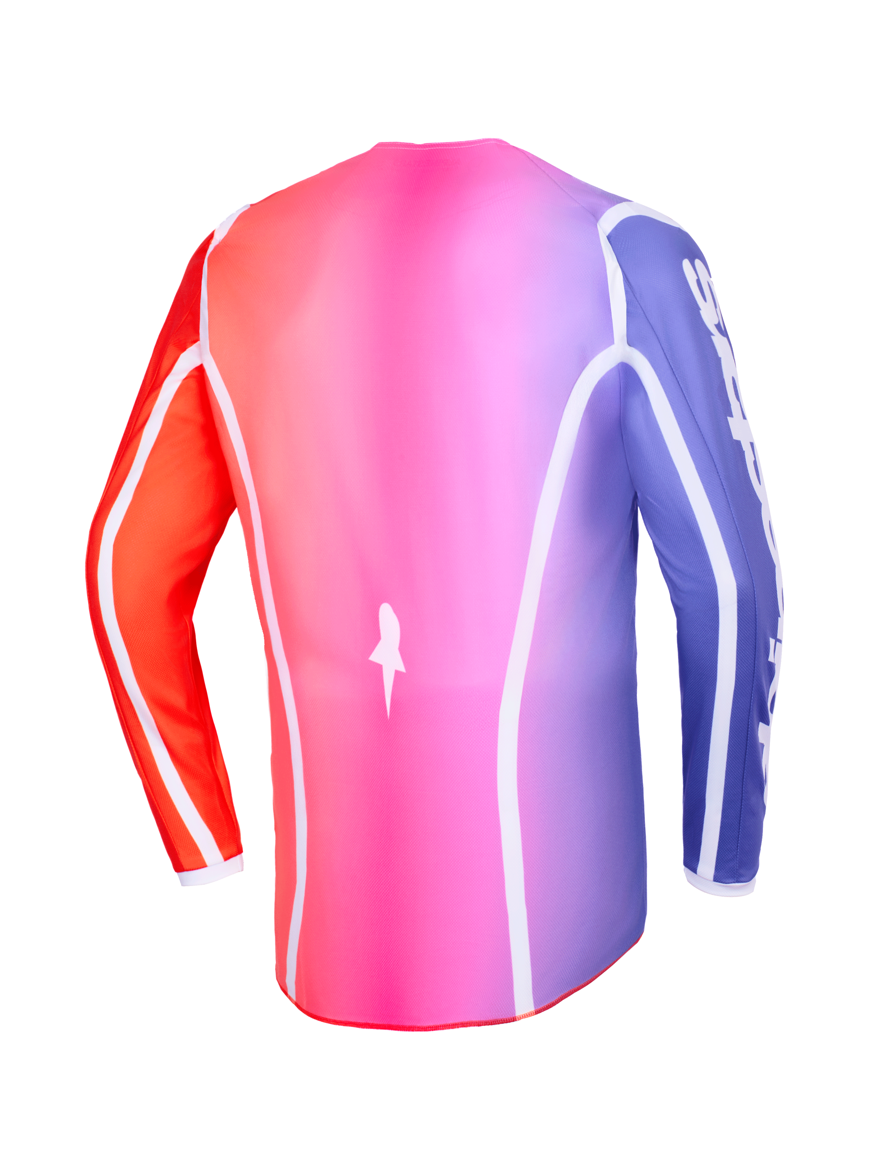 Jersey Alpinestars Fluid Apex 2026, vista trasera, degradado multicolor rosa, púrpura y naranja, con ribetes curvos blancos y dobladillo trasero extendido, ropa profesional de motocross y off-road