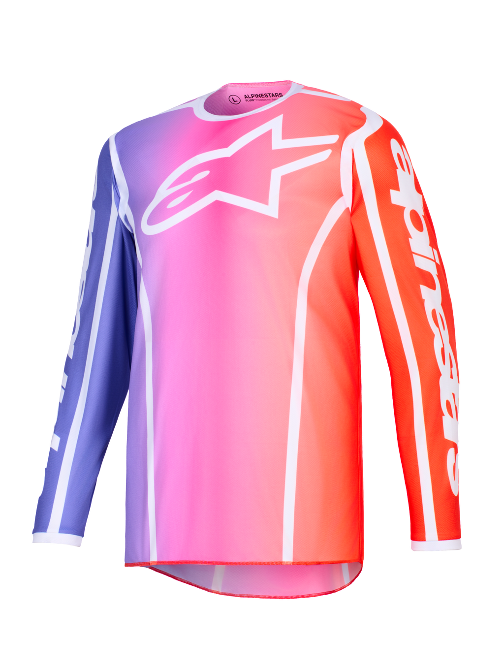 Alpinestars 2026 Fluid Apex Jersey, jersey de motocross, degradado púrpura, rosa y naranja con detalles blancos, logotipo de Astars blanco en el pecho y marca en las mangas, polifabric ligero de alto rendimiento para carreras off-road