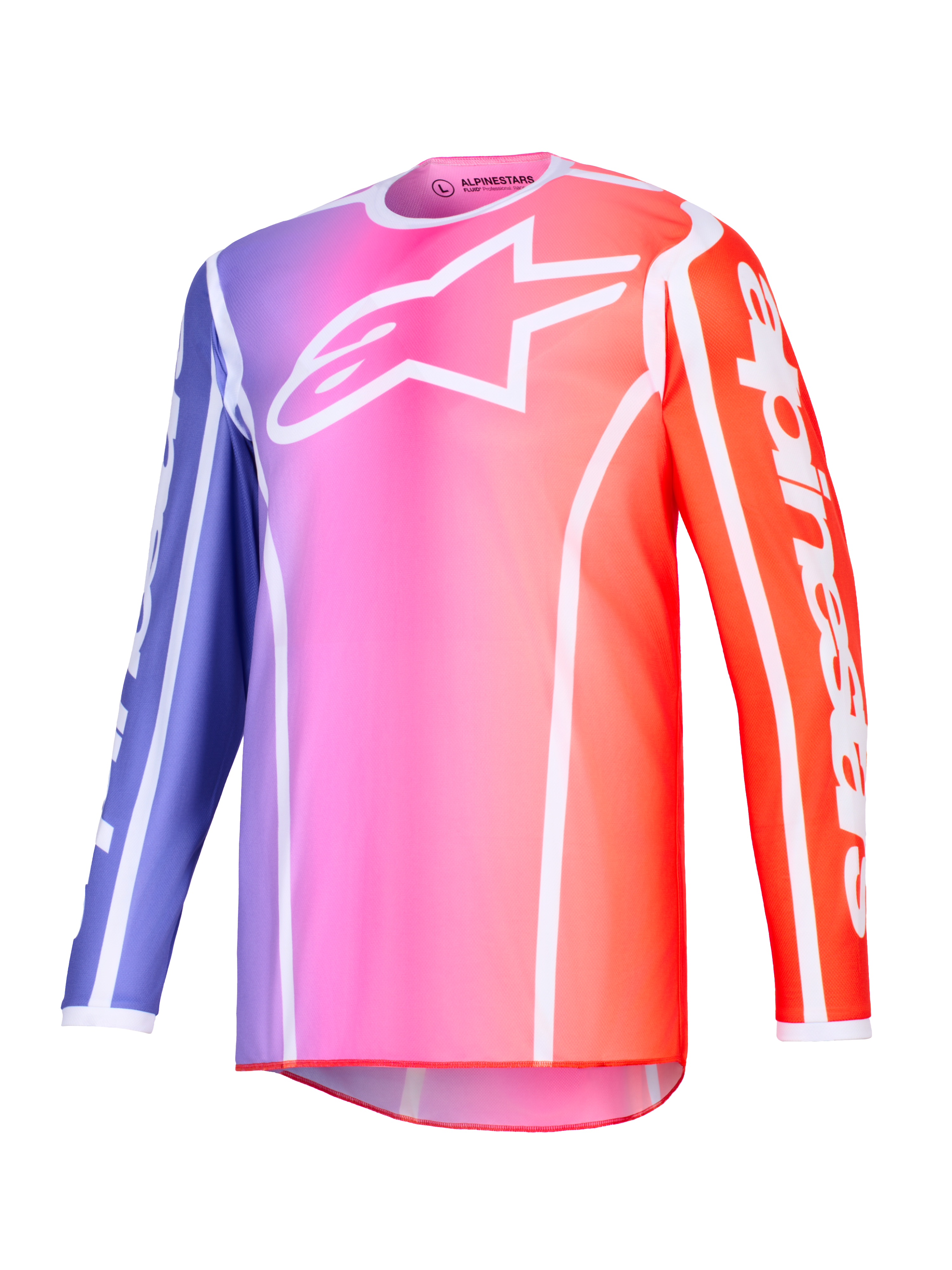 Alpinestars 2026 Fluid Apex Jersey, jersey de motocross, degradado púrpura, rosa y naranja con detalles blancos, logotipo de Astars blanco en el pecho y marca en las mangas, polifabric ligero de alto rendimiento para carreras off-road