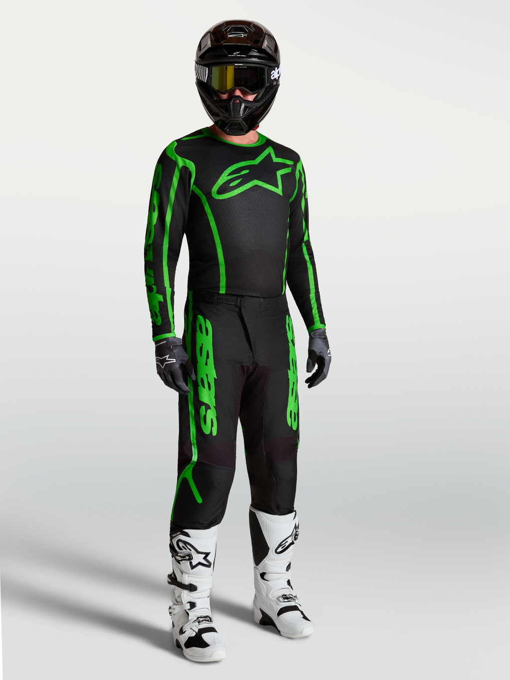 Pantalones Alpinestars Fluid Apex V2, equipo de motocross para hombre, negros y verdes flúor, con botas blancas