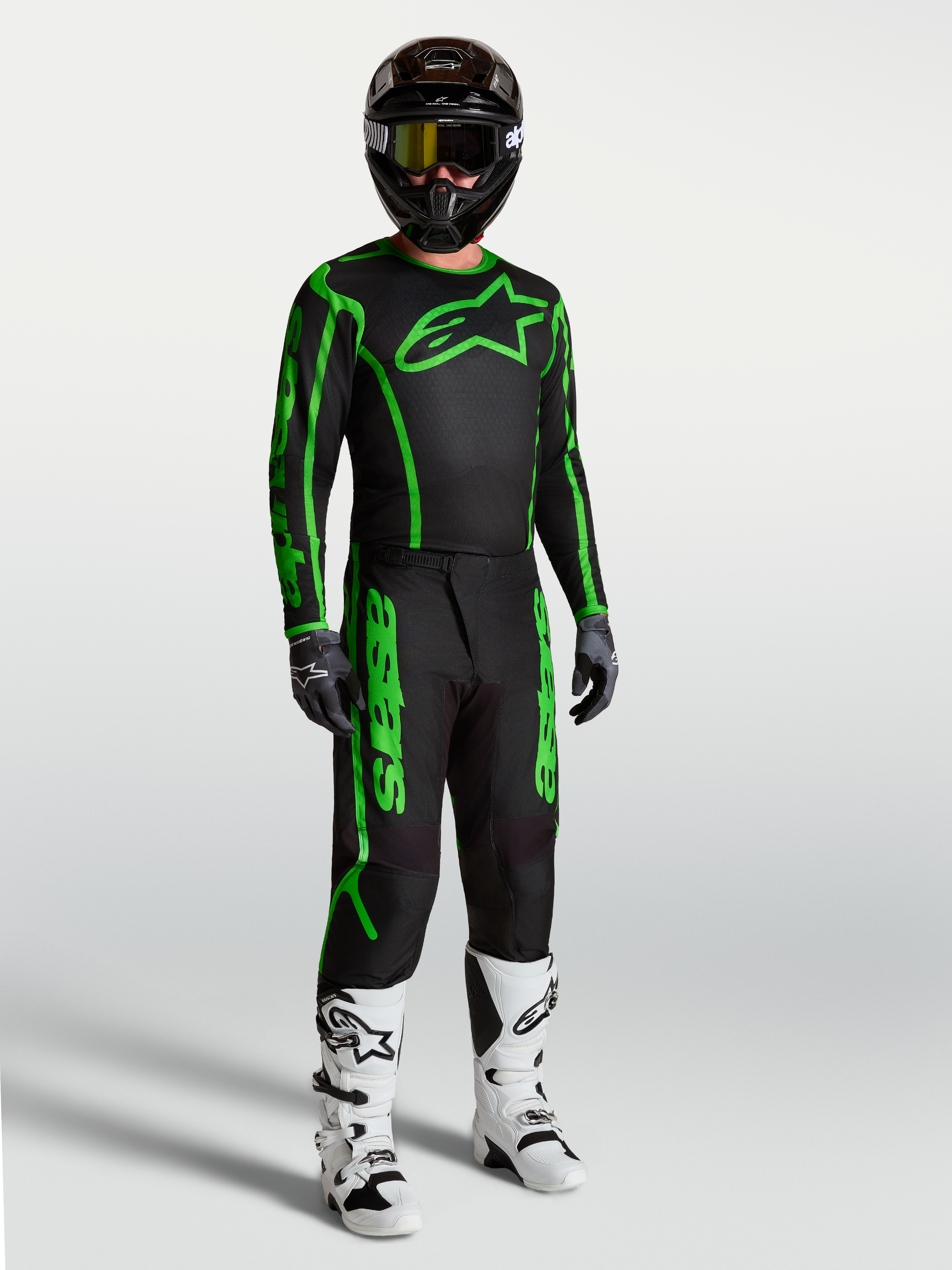 Pantalones Alpinestars Fluid Apex V2, equipo de motocross para hombre, negros y verdes flúor, con botas blancas