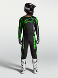Alpinestars Fluid Apex V2 Jersey and Gear Set, Men's Black and Fluo Green Motocross Outfit with matching pants and white boots.