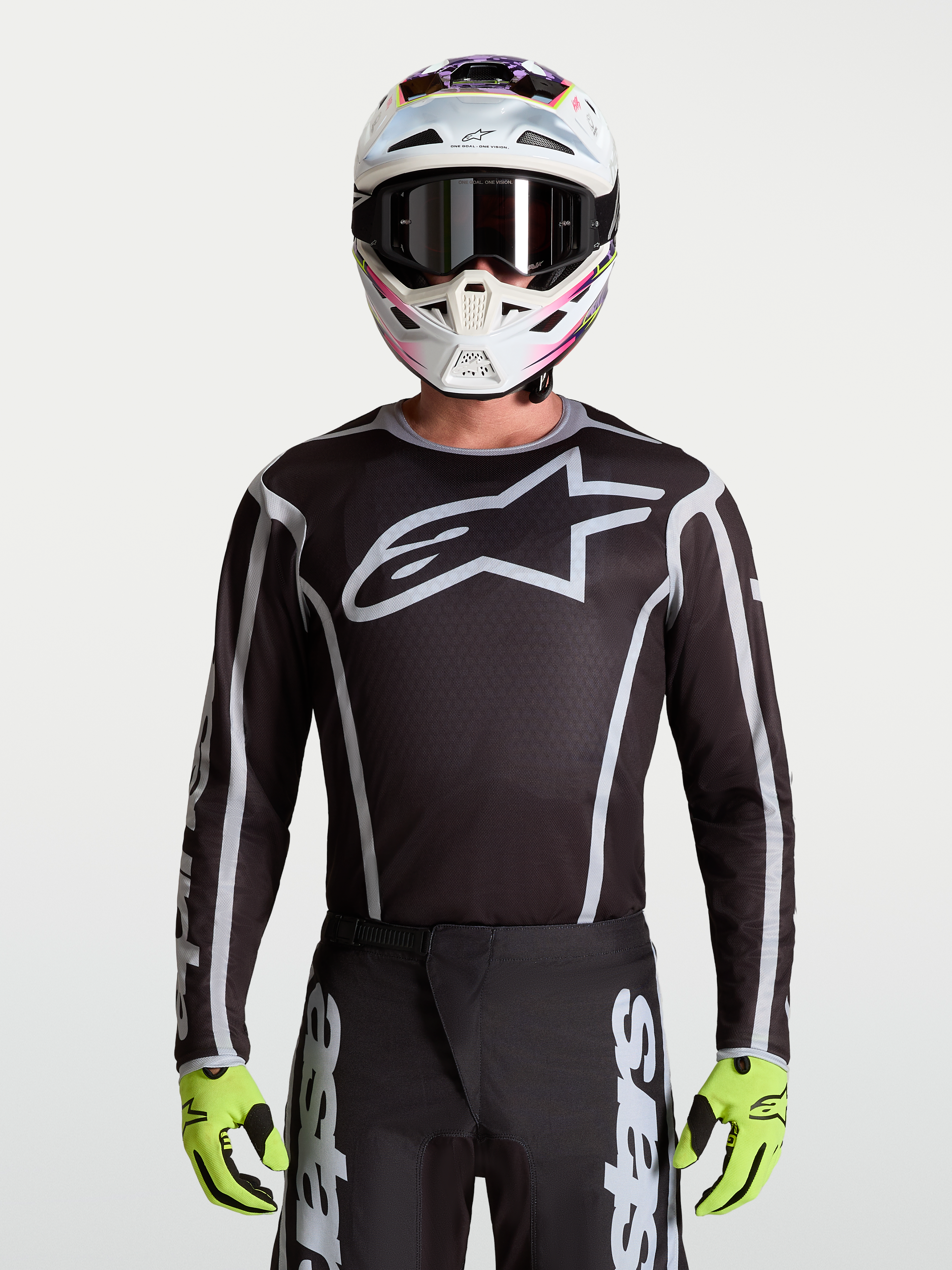 Alpinestars Fluid Apex V2, jersey de motocross para hombre, negro y plateado con logotipo de estrella grande, ajuste atlético.