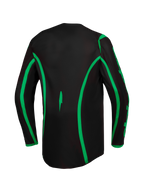 Jersey Alpinestars Fluid Apex V2, jersey de motocross para hombre, negro y verde flúor, con cobertura trasera extendida.