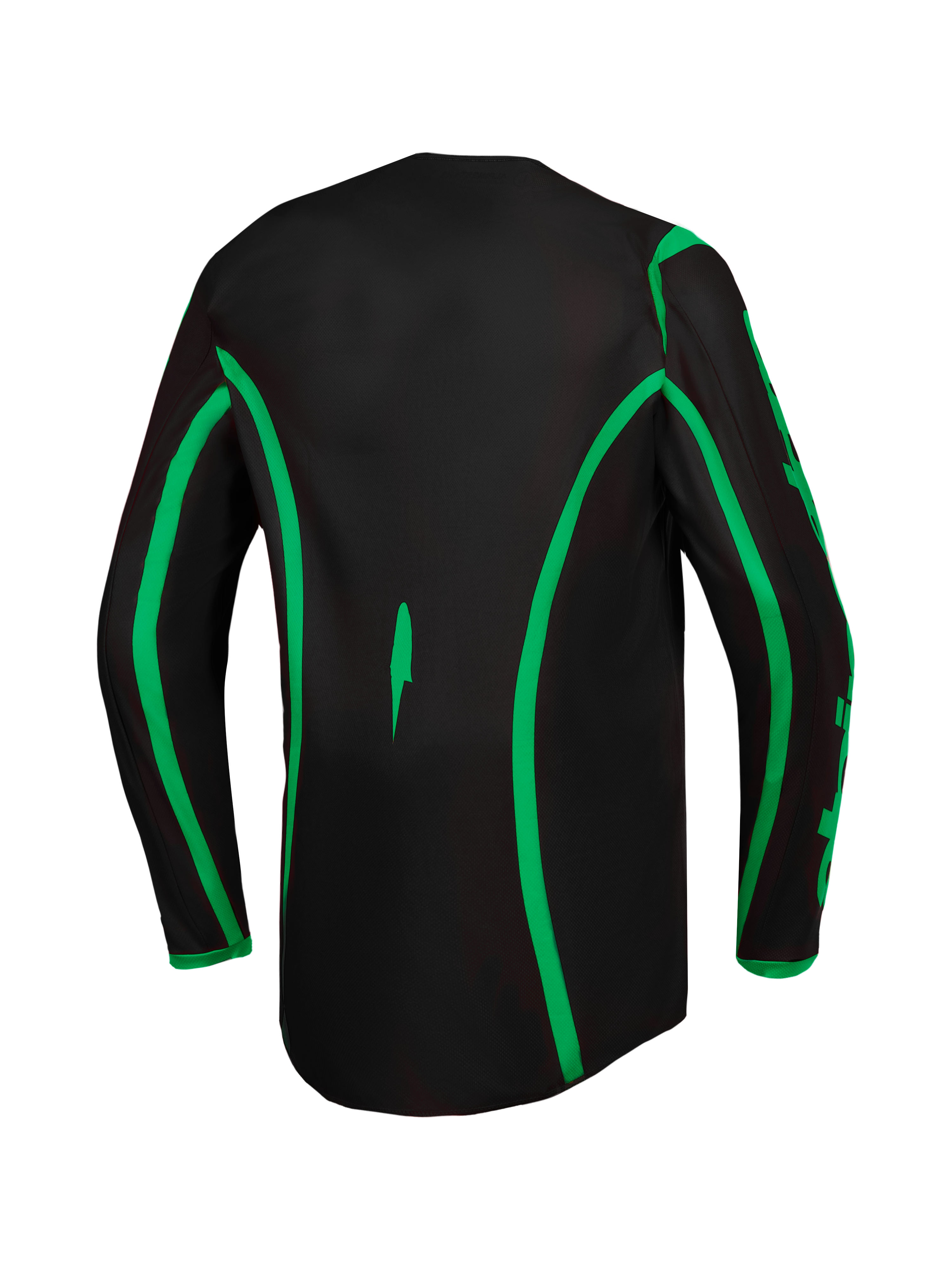 Jersey Alpinestars Fluid Apex V2, jersey de motocross para hombre, negro y verde flúor, con cobertura trasera extendida.