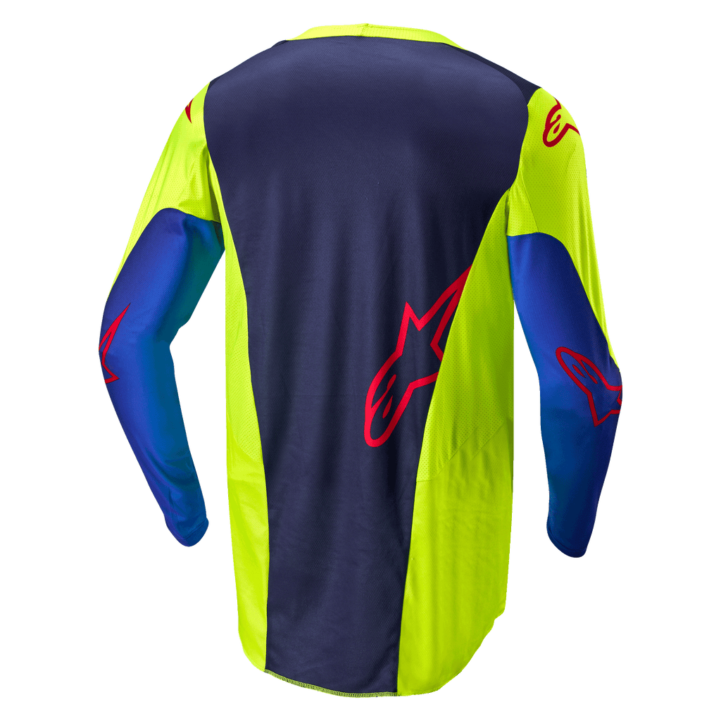 Jersey Alpinestars Racer Hoen 2024, camiseta de motocross, amarillo flúor y azul marino noche, vista trasera que muestra el panel central azul oscuro con logo rojo, secciones laterales amarillo brillante, manga larga y tejido de malla transpirable diseñado para el rendimiento off-road.