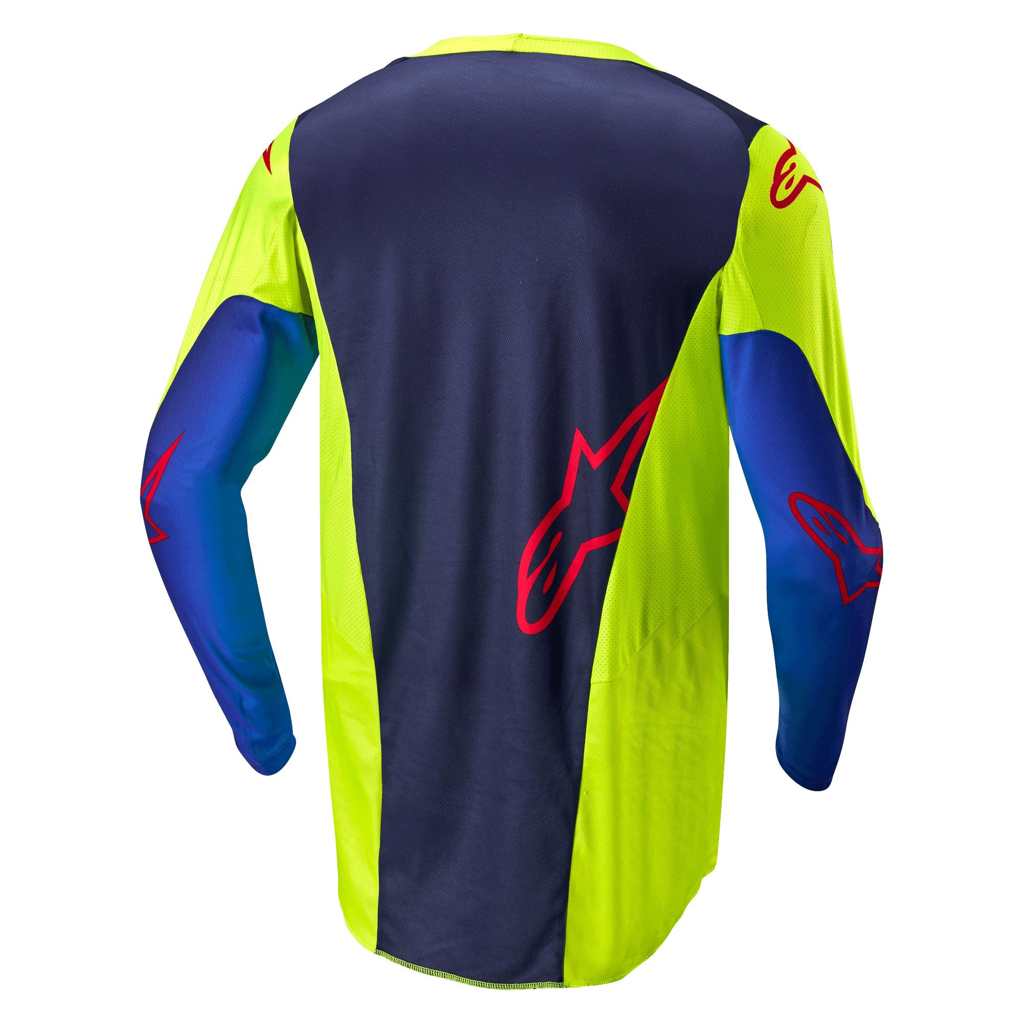 Jersey Alpinestars Racer Hoen 2024, camiseta de motocross, amarillo flúor y azul marino noche, vista trasera que muestra el panel central azul oscuro con logo rojo, secciones laterales amarillo brillante, manga larga y tejido de malla transpirable diseñado para el rendimiento off-road.