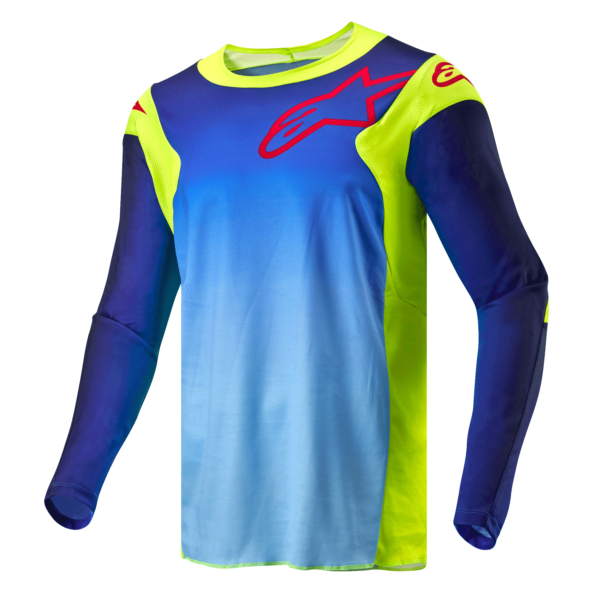 Alpinestars Racer Hoen Jersey 2024, jersey de motocross, amarillo flúor y azul noche, con cuerpo en degradado azul y paneles amarillos fluorescentes, logotipo de Alpinestars en rojo en el pecho y los hombros, equipamiento técnico de manga larga para off-road