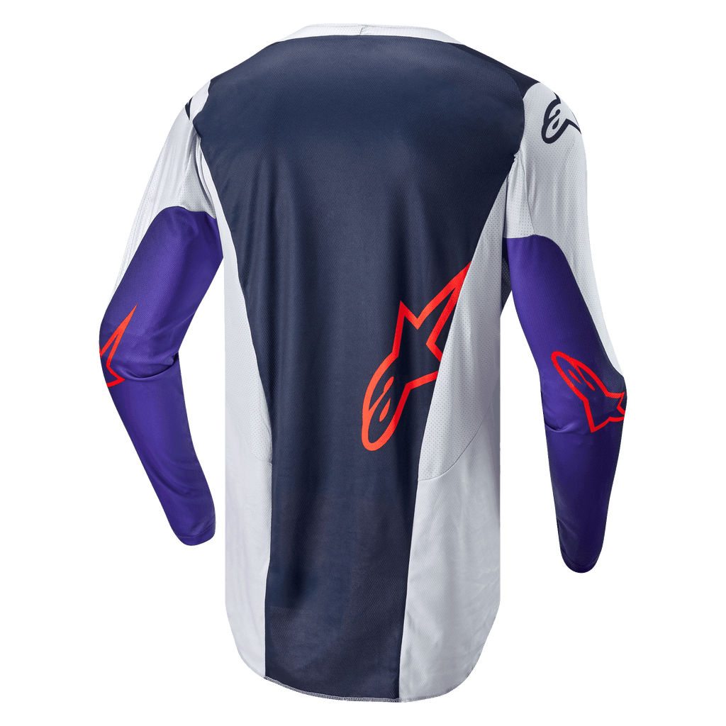 Alpinestars 2024 Racer Hoen Jersey, jersey de motocross, vista trasera, azul marino y gris claro con mangas moradas, logotipos de Alpinestars en naranja, tejido de malla técnica para rendimiento todoterreno