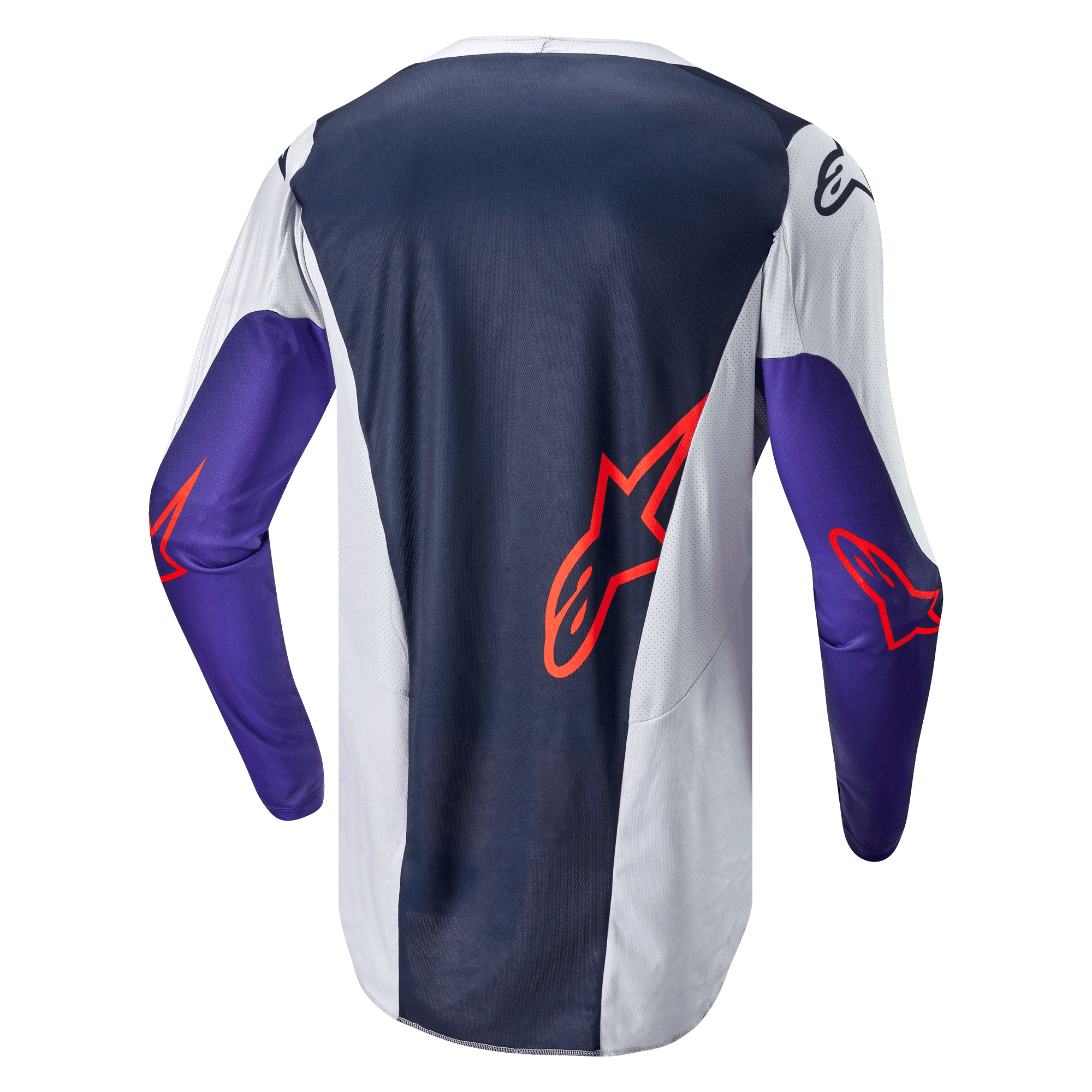 Alpinestars 2024 Racer Hoen Jersey, jersey de motocross, vista trasera, azul marino y gris claro con mangas moradas, logotipos de Alpinestars en naranja, tejido de malla técnica para rendimiento todoterreno