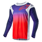 Alpinestars 2024 Racer Hoen Jersey, jersey de motocross, degradado de azul marino a naranja intenso con paneles laterales en gris claro, con el contorno del logo de Alpinestars en rojo en el pecho, prenda técnica de manga larga para carreras fuera de carretera