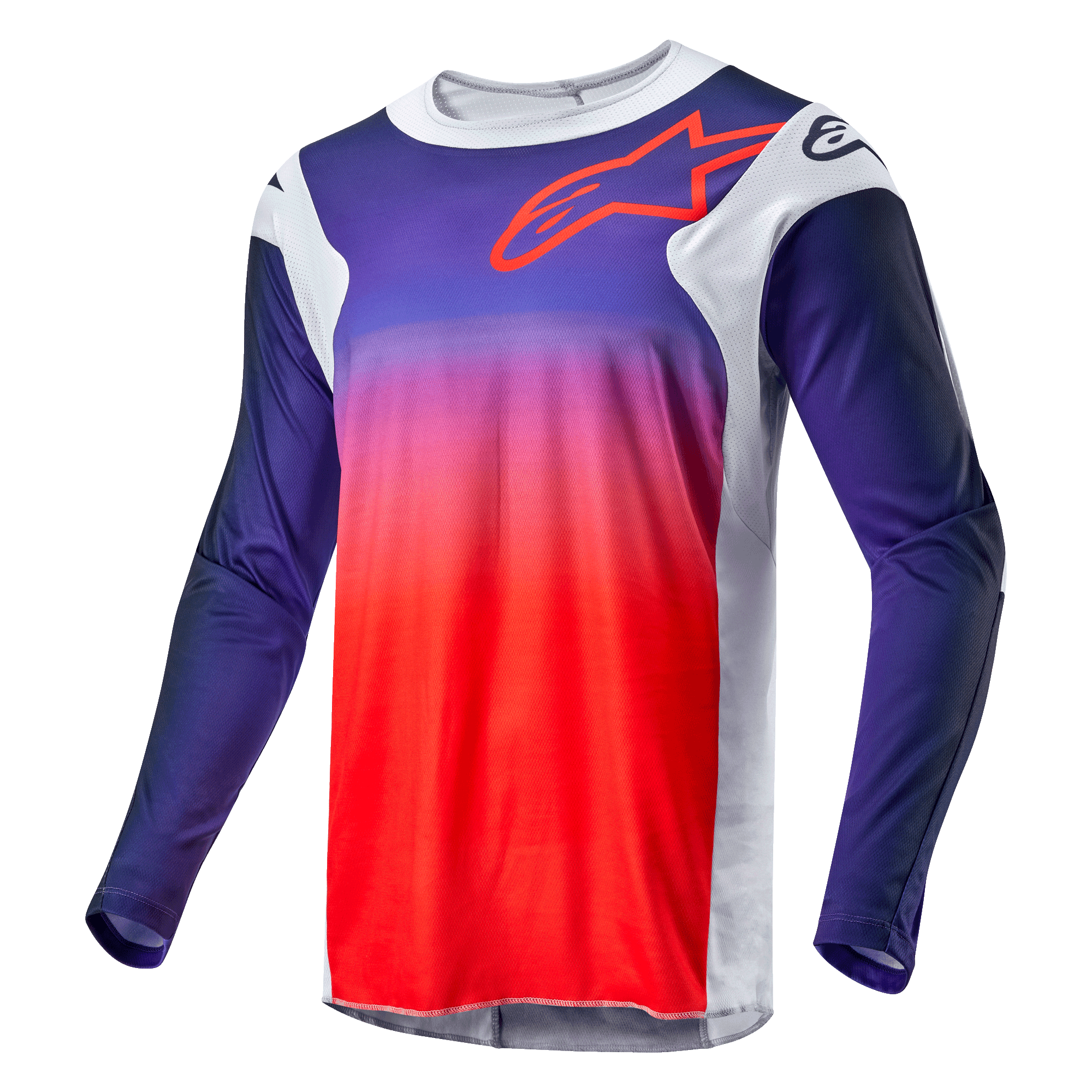 Alpinestars 2024 Racer Hoen Jersey, jersey de motocross, degradado de azul marino a naranja intenso con paneles laterales en gris claro, con el contorno del logo de Alpinestars en rojo en el pecho, prenda técnica de manga larga para carreras fuera de carretera