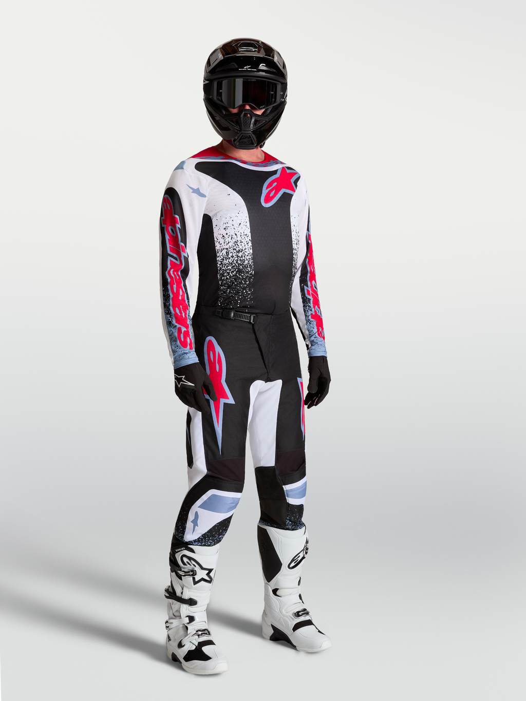 Jersey Alpinestars Fluid Drag de motocross para hombre, negro y blanco, tejido transpirable, modelo con equipo completo