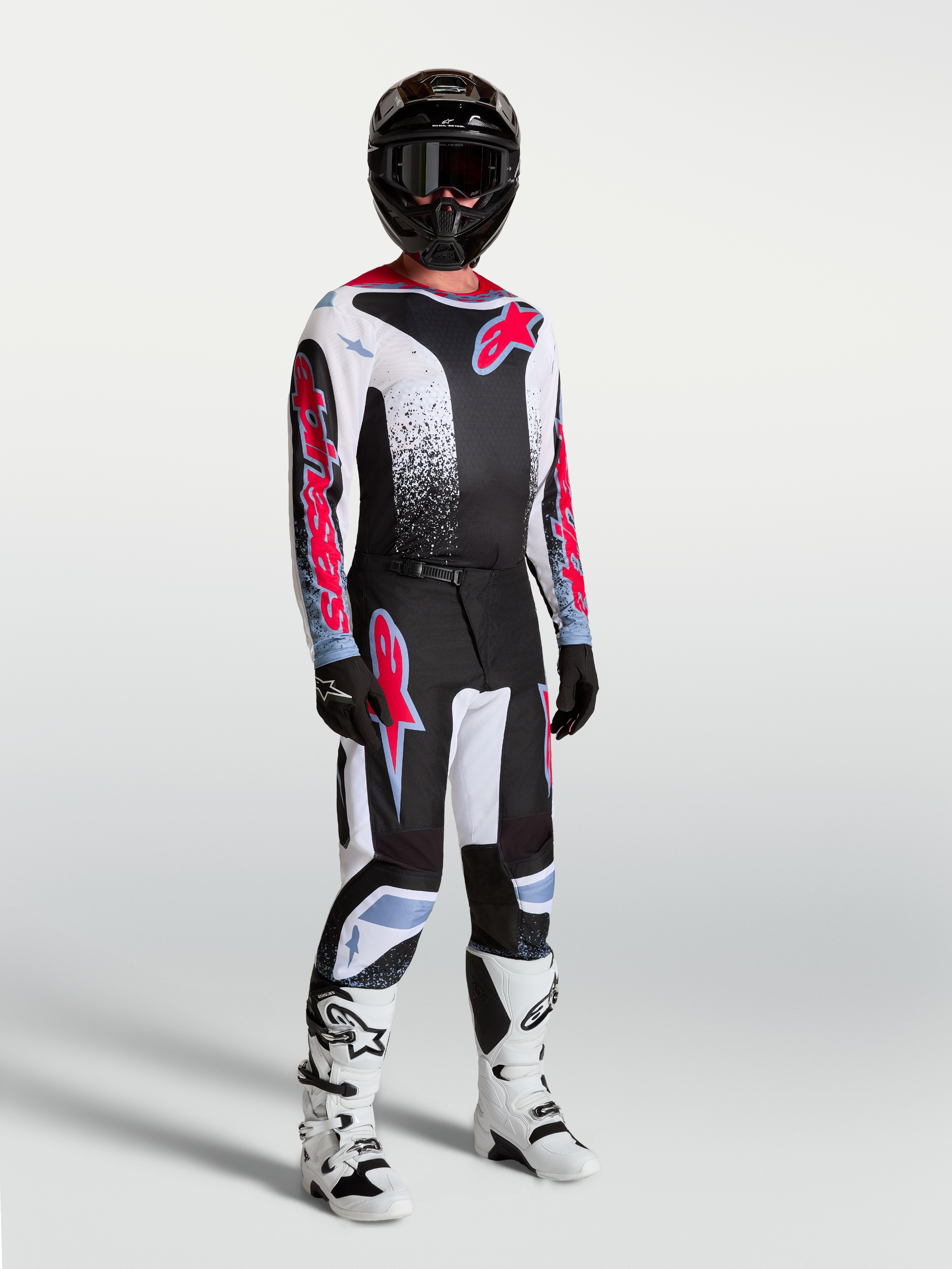 Jersey Alpinestars Fluid Drag de motocross para hombre, negro y blanco, tejido transpirable, modelo con equipo completo