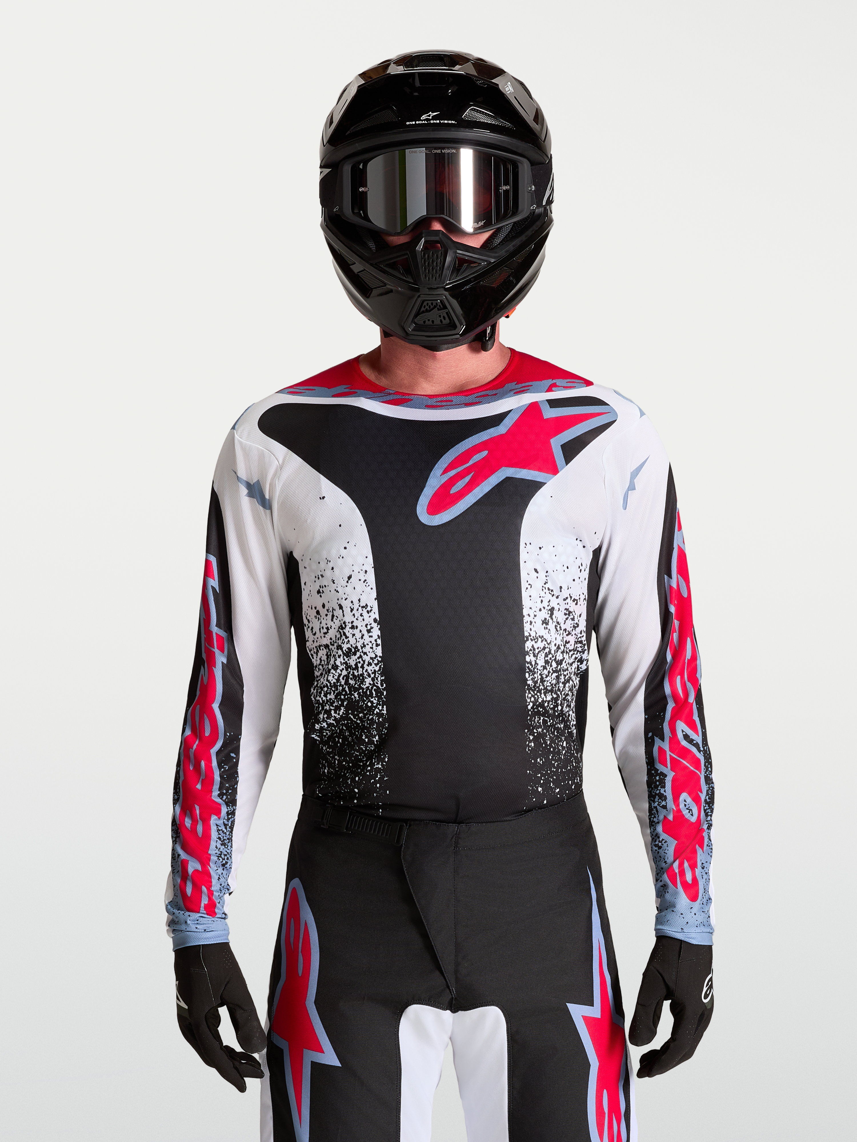 Alpinestars Fluid Drag Jersey, Men's Motocross Jersey in Black and White with Red Fluo accents and aggressive graphics.