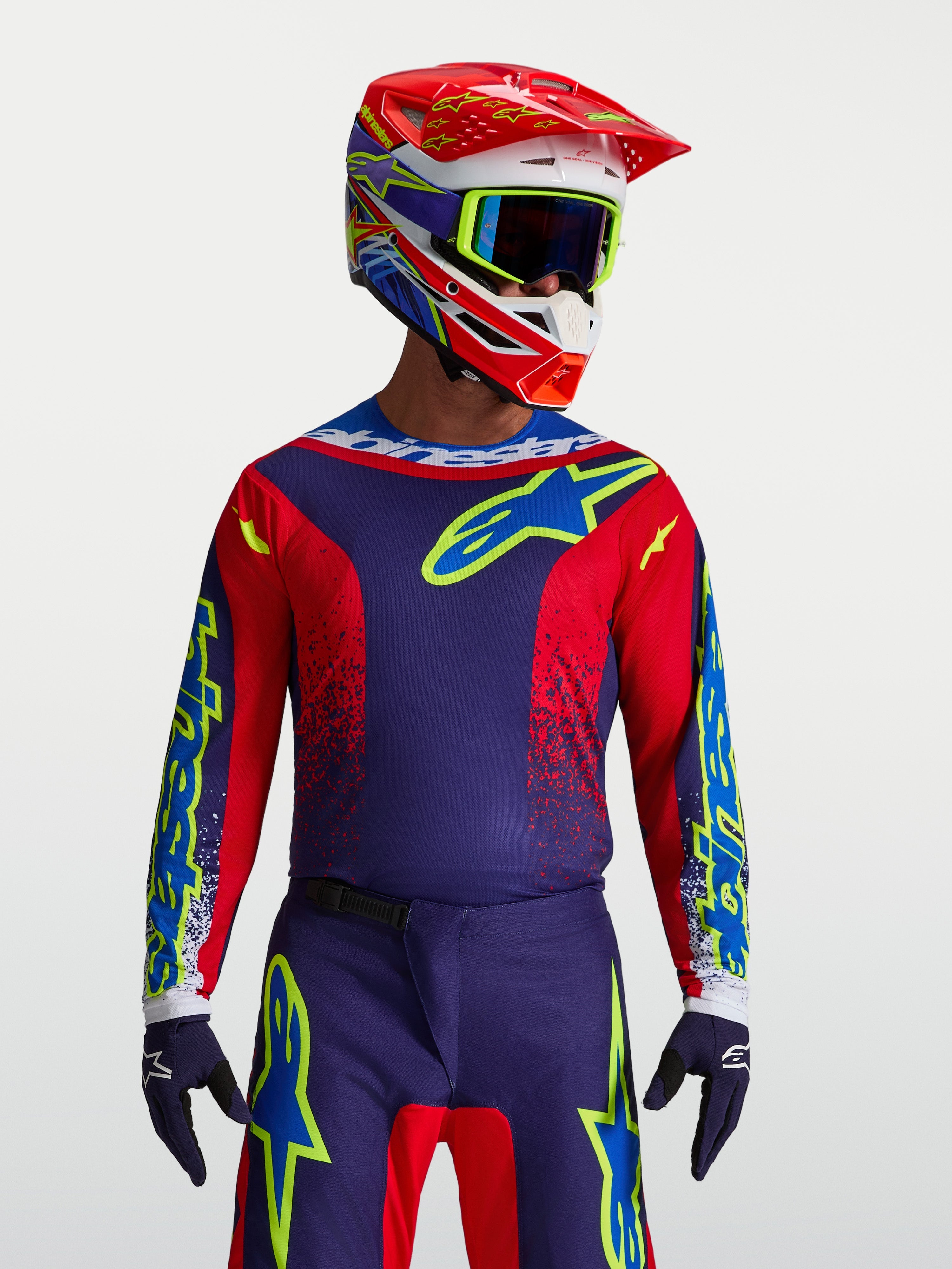 Alpinestars Jersey Fluid Drag, jersey de motocross para hombre, azul marino y rojo fuego, polifabricado transpirable para rendimiento en off-road, diseño ergonómico para mayor movilidad