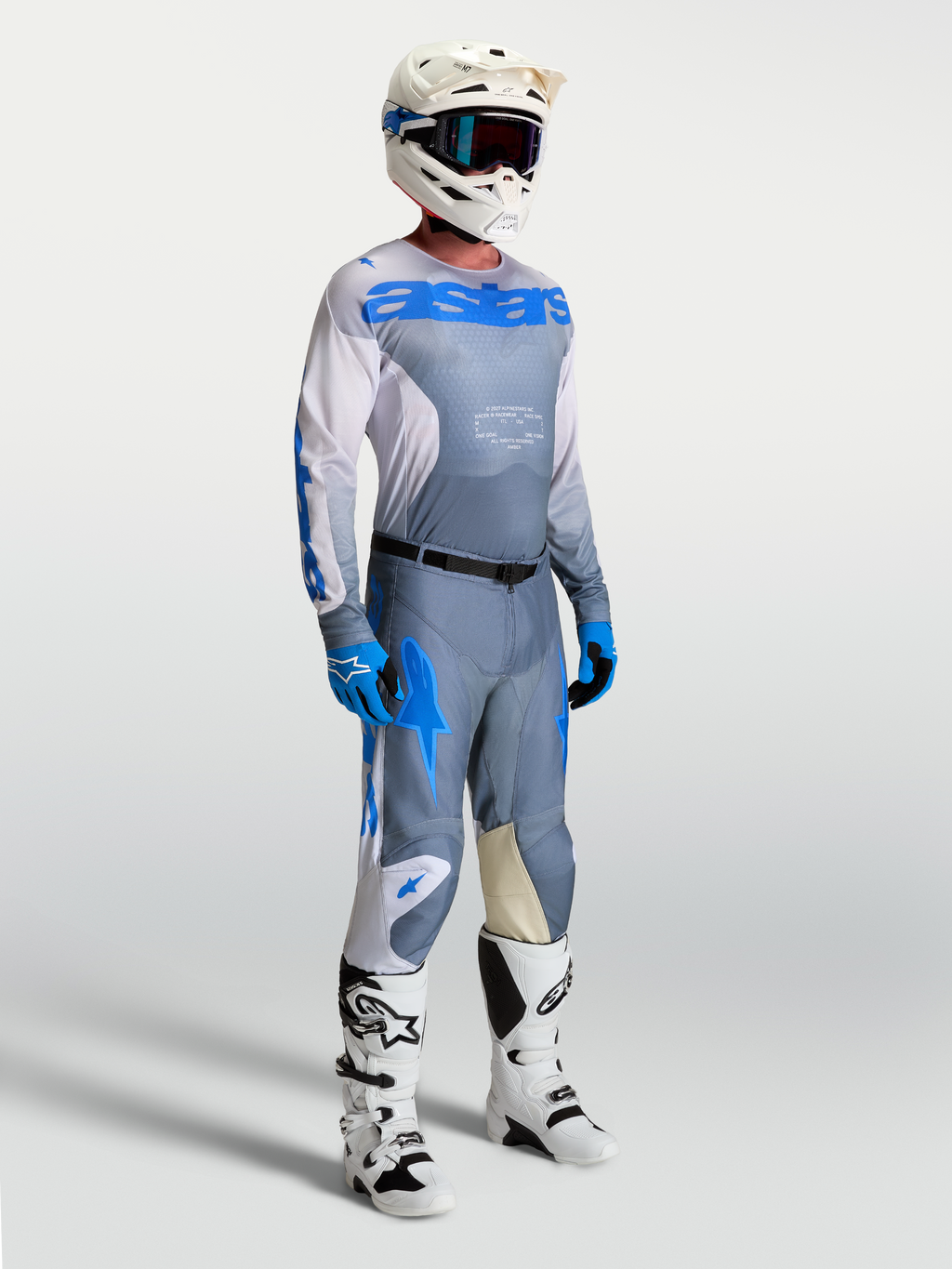 Alpinestars Racer Amber, conjunto y pantalones de motocross para hombre, gris ceniza y azul UCLA, ajuste de rendimiento.