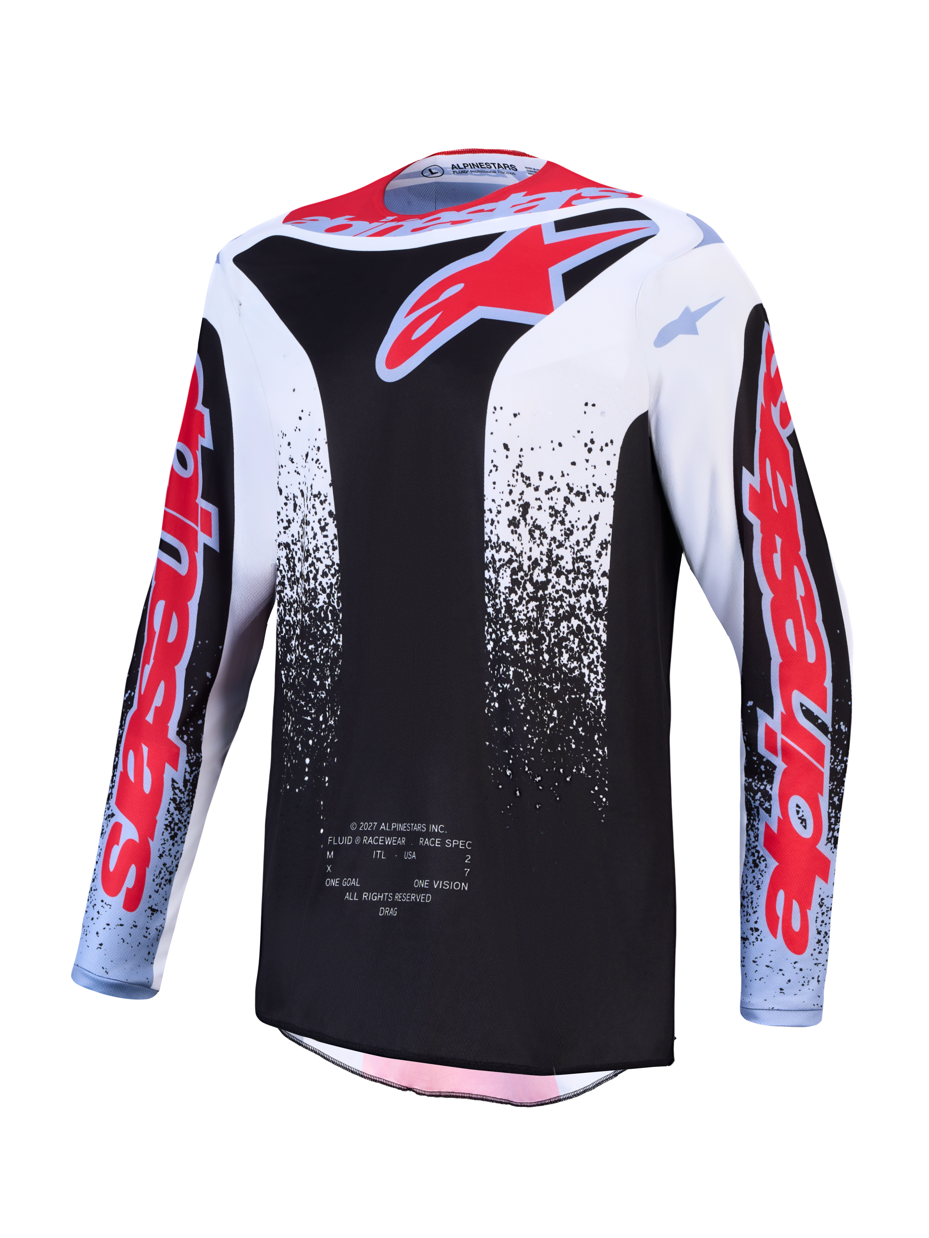 Alpinestars 2027 Fluid Drag Jersey, jersey de motocross para hombre, negro, blanco y rojo, con tejido transpirable.