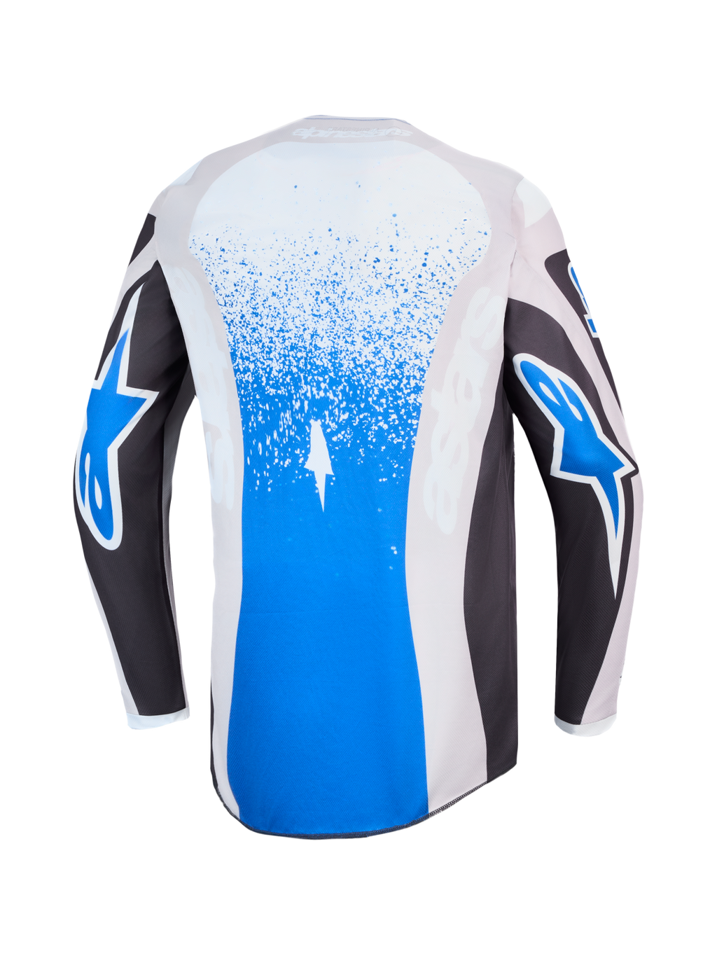 Jersey Alpinestars Fluid Drag para motocross, vista trasera en color azul y gris con gráficos de salpicaduras y logotipos de estrella