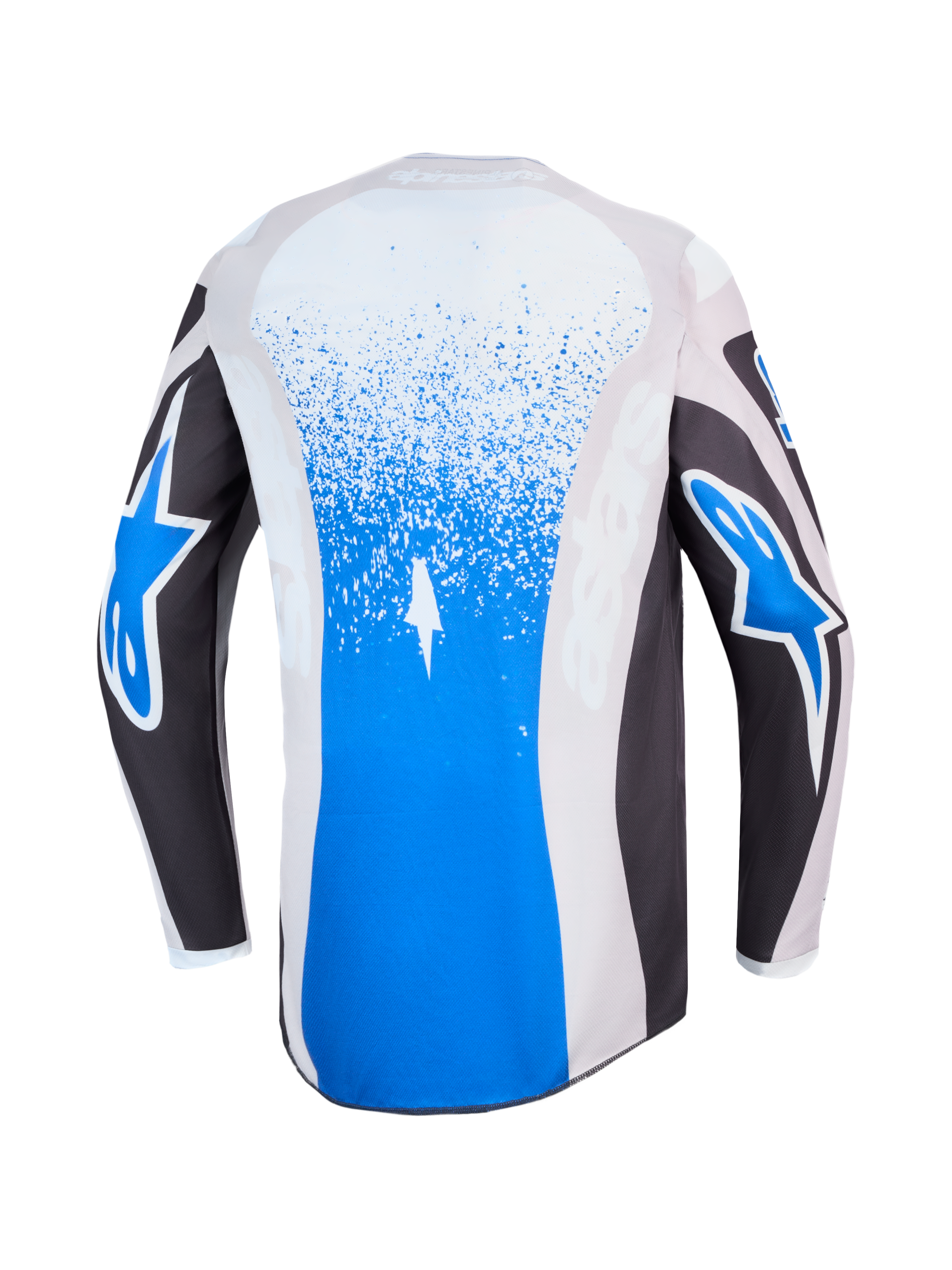 Jersey Alpinestars Fluid Drag para motocross, vista trasera en color azul y gris con gráficos de salpicaduras y logotipos de estrella