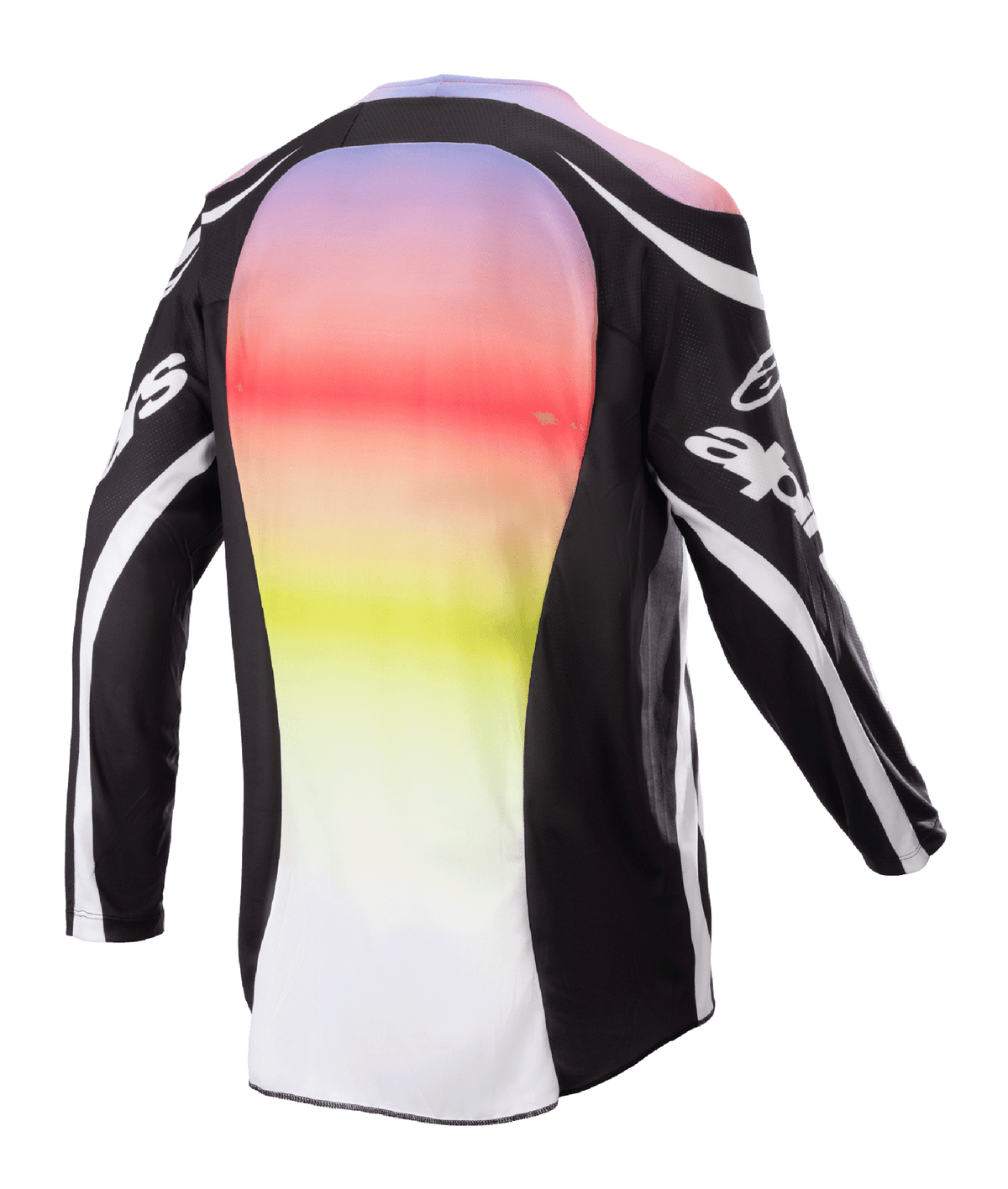 Jersey Alpinestars Racer Semi 2023, jersey de motocross, negro multicolor, vista trasera con un gran panel central con un degradado vibrante de púrpura a amarillo, mangas y hombros negros con detalles de logotipos blancos y líneas curvas, diseñado para el rendimiento fuera de carretera