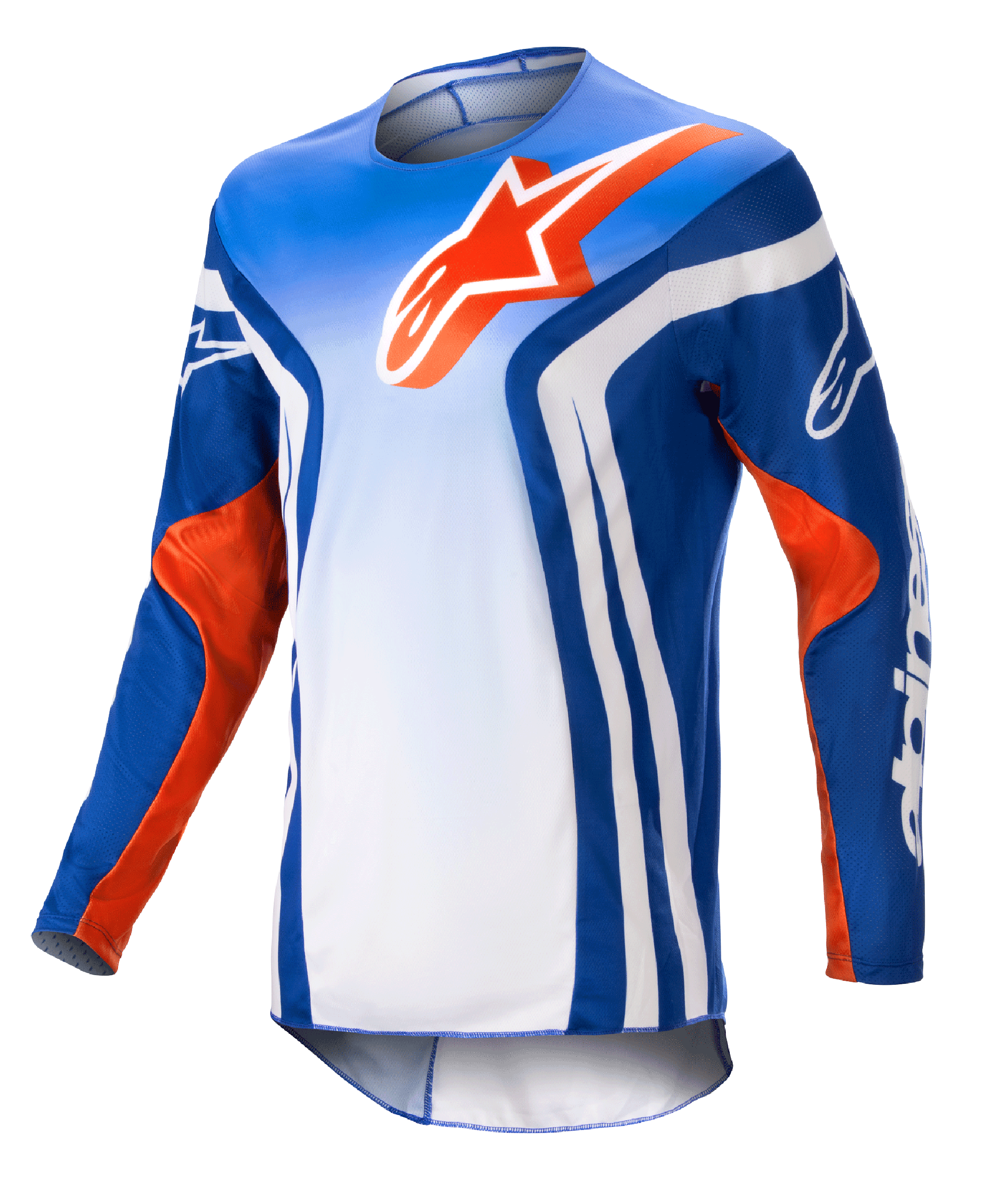 Alpinestars Racer Semi Jersey 2023, jersey de motocross de manga larga, degradado azul y blanco con detalles en Hot Orange, gran logotipo naranja de Alpinestars en el pecho, rayas blancas verticales en los laterales, tejido ligero que absorbe la humedad para conducción off-road