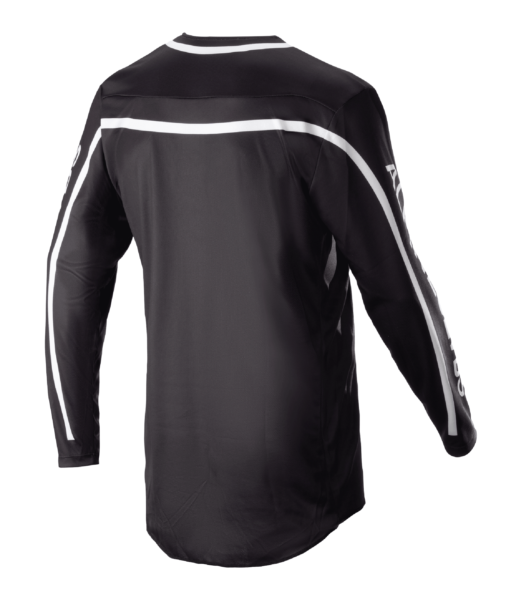Jersey Alpinestars Racer Found 2023, jersey de motocross negro, vista trasera con franjas blancas en los hombros y las mangas, diseño de manga larga con parte trasera más larga para mayor cobertura, equipo de alto rendimiento ligero y transpirable