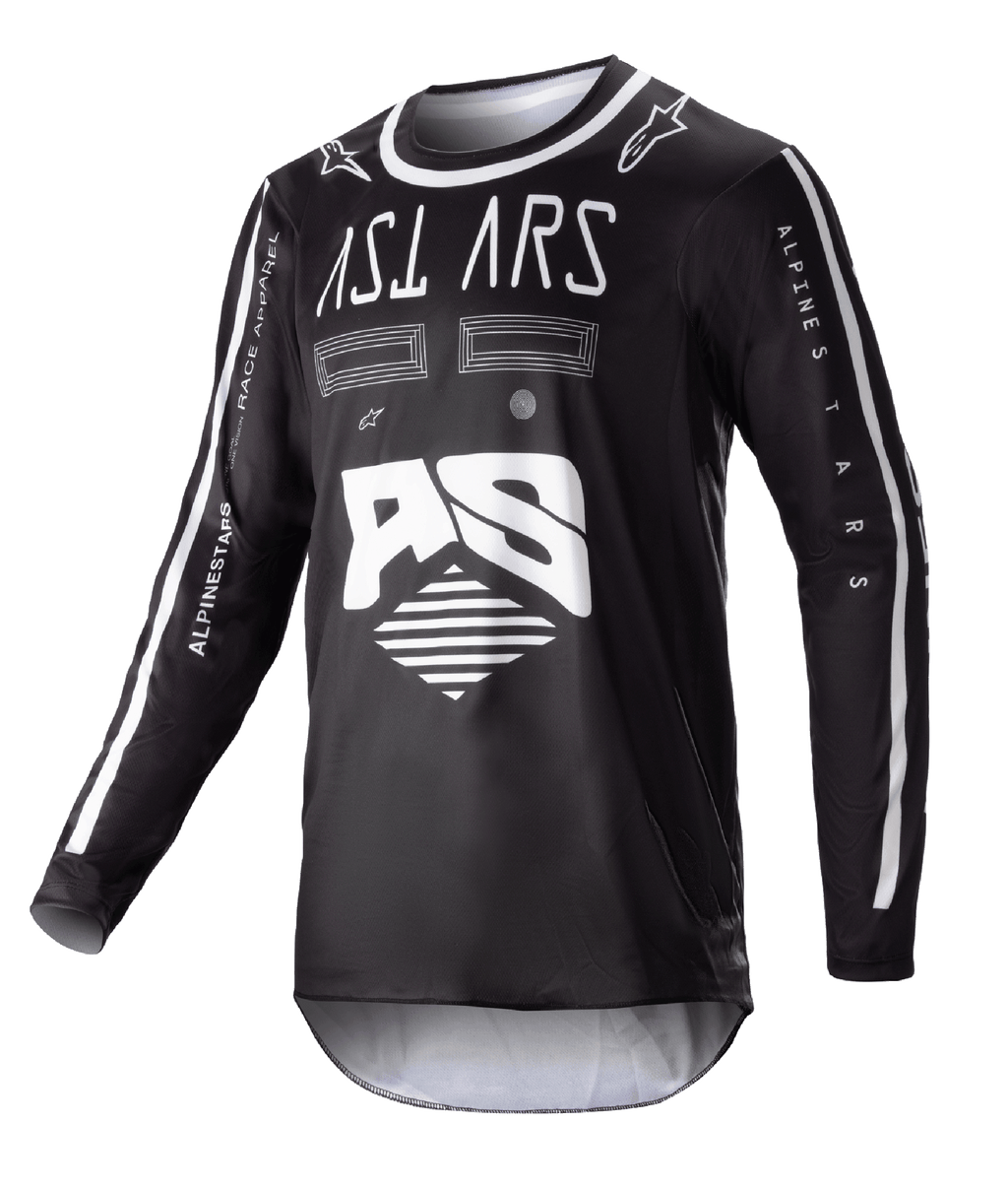 Alpinestars Racer Found Jersey 2023, camiseta de motocross de manga larga, negra con gráficos abstractos blancos y logotipo AS grande, marca ASTARS en el pecho, cuello redondo con ribete blanco, ropa de competición de alto rendimiento