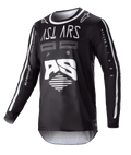 Alpinestars Racer Found Jersey 2023, camiseta de motocross de manga larga, negra con gráficos abstractos blancos y logotipo AS grande, marca ASTARS en el pecho, cuello redondo con ribete blanco, ropa de competición de alto rendimiento