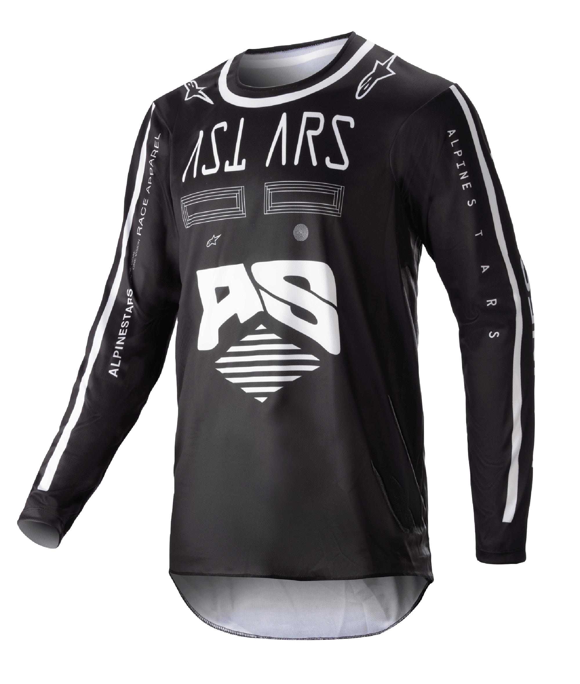 Alpinestars Racer Found Jersey 2023, camiseta de motocross de manga larga, negra con gráficos abstractos blancos y logotipo AS grande, marca ASTARS en el pecho, cuello redondo con ribete blanco, ropa de competición de alto rendimiento