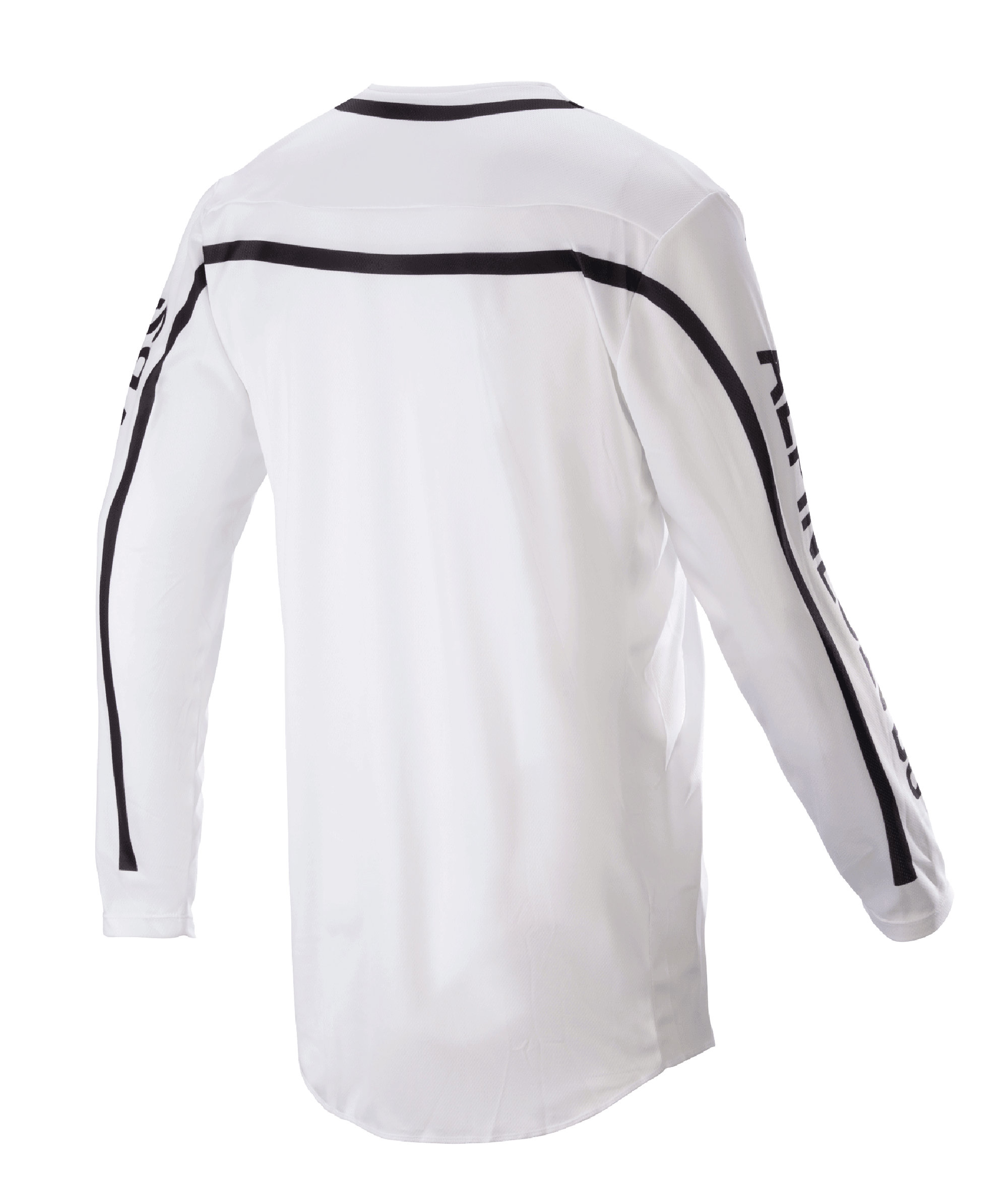Alpinestars 2023 Racer Found Jersey, jersey de motocross, blanco, vista trasera con franjas negras en los hombros y las mangas, dobladillo trasero más largo para mayor cobertura, construcción de poli-tejido ligero