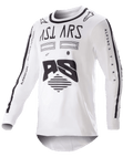 Alpinestars 2023 Racer Found Jersey, jersey de motocross, blanco y negro, gráficos y logotipos negros llamativos en el pecho y las mangas, tejido ligero de alto rendimiento con cuello negro, ropa de carreras todoterreno