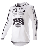 Alpinestars 2023 Racer Found Jersey, jersey de motocross, blanco y negro, gráficos y logotipos negros llamativos en el pecho y las mangas, tejido ligero de alto rendimiento con cuello negro, ropa de carreras todoterreno