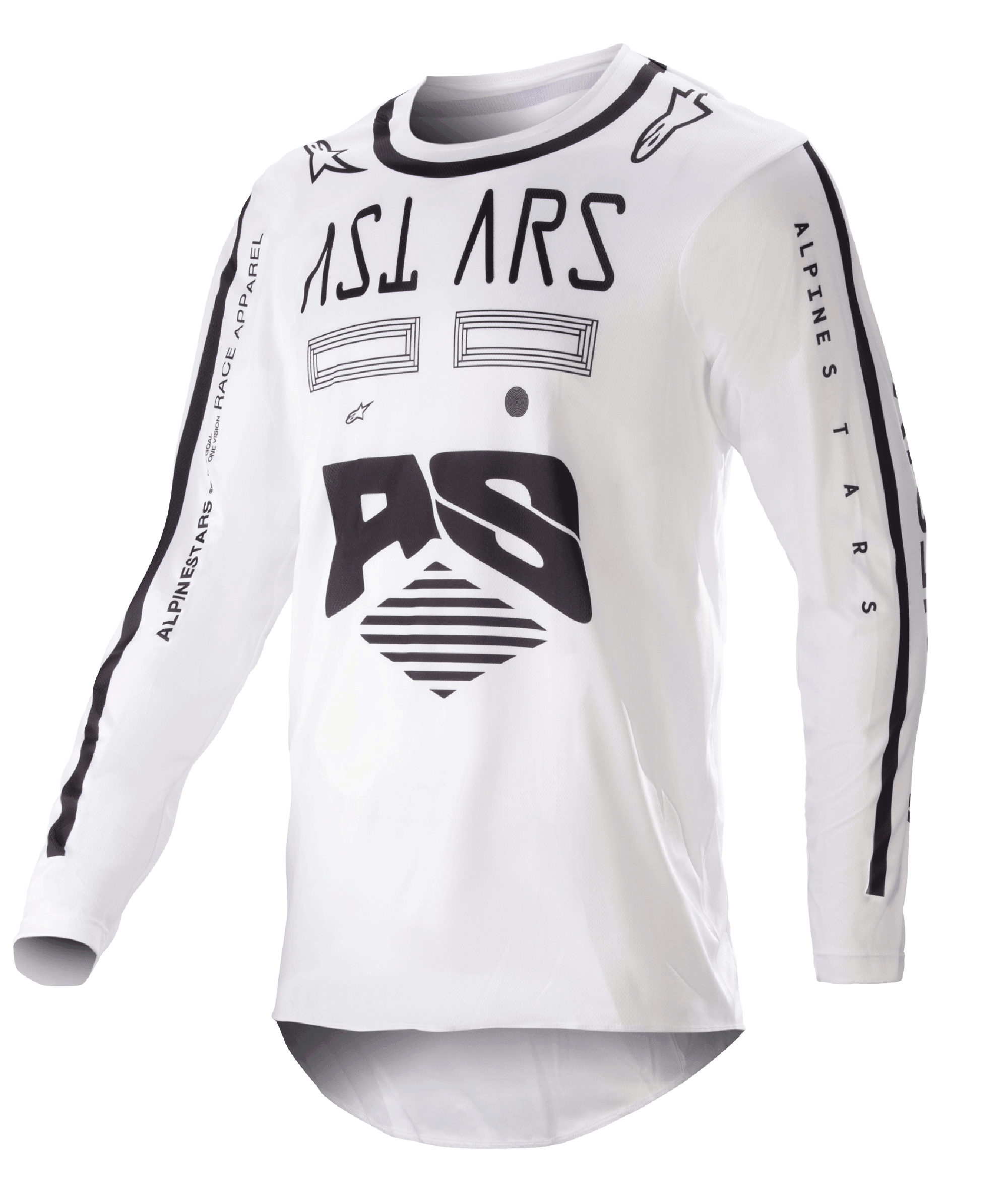 Alpinestars 2023 Racer Found Jersey, jersey de motocross, blanco y negro, gráficos y logotipos negros llamativos en el pecho y las mangas, tejido ligero de alto rendimiento con cuello negro, ropa de carreras todoterreno