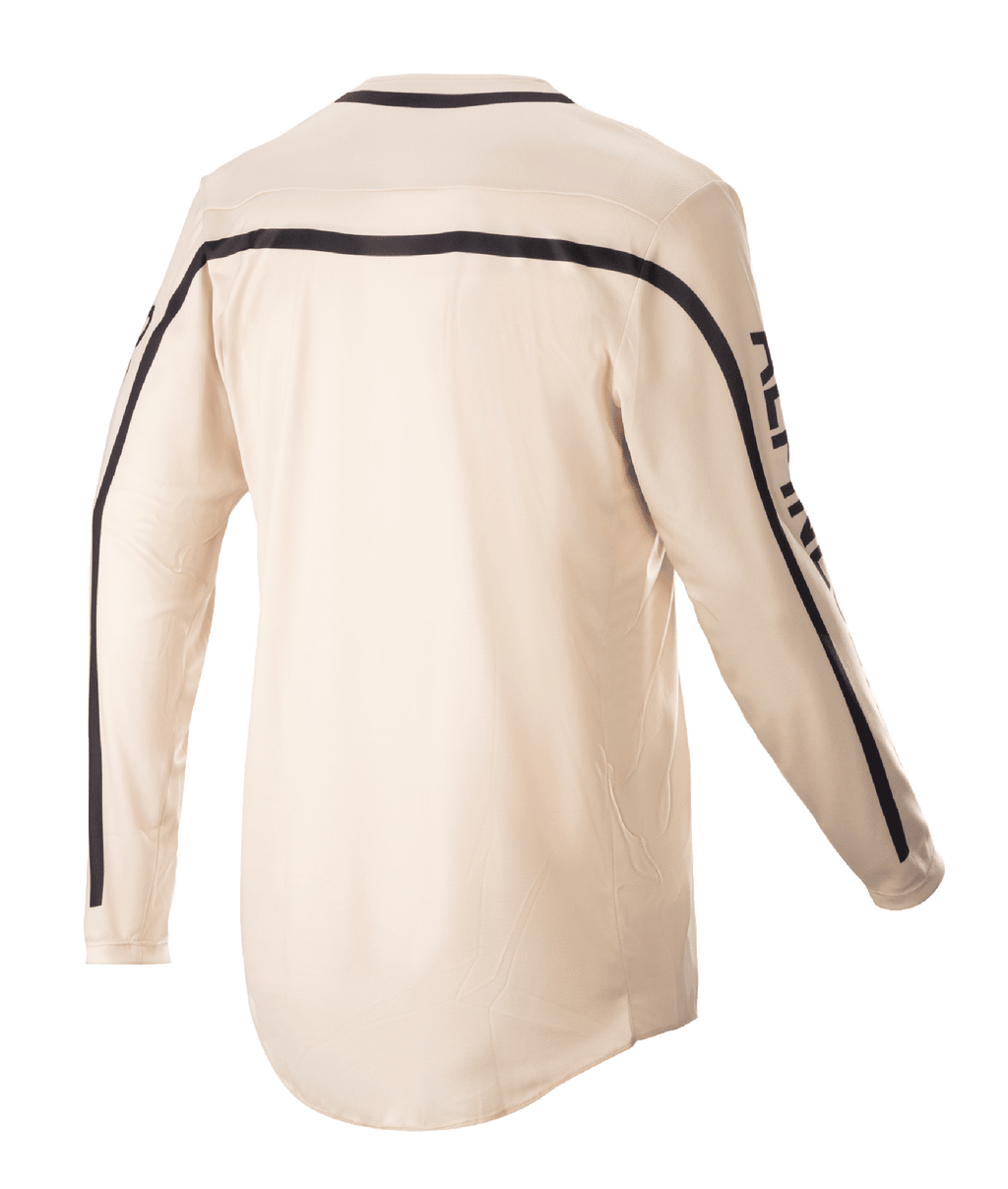 Alpinestars 2023 Racer Found Jersey, jersey de motocross, Mountain (marrón), vista trasera, con franjas negras en los hombros y a lo largo de las mangas, corte ergonómico con la parte trasera más larga para mayor cobertura al pilotar