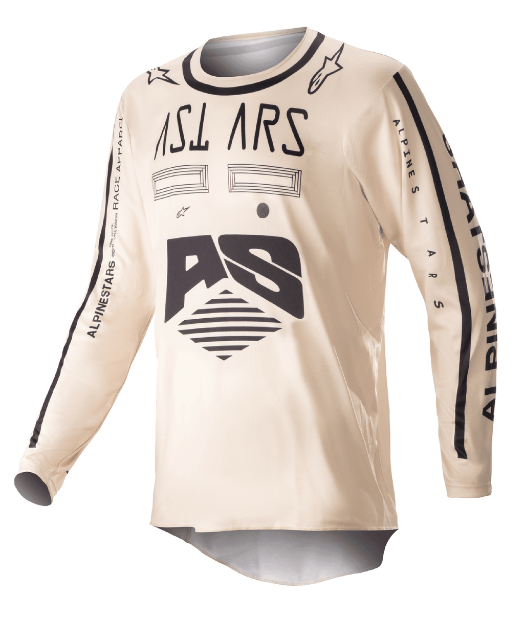Alpinestars 2023 Racer Found Jersey, camiseta de motocross, beige con gráficos negros, equipamiento de manga larga de alto rendimiento para off-road, con el logotipo AS y marca en las mangas