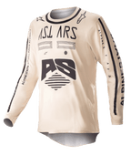 Alpinestars 2023 Racer Found Jersey, camiseta de motocross, beige con gráficos negros, equipamiento de manga larga de alto rendimiento para off-road, con el logotipo AS y marca en las mangas