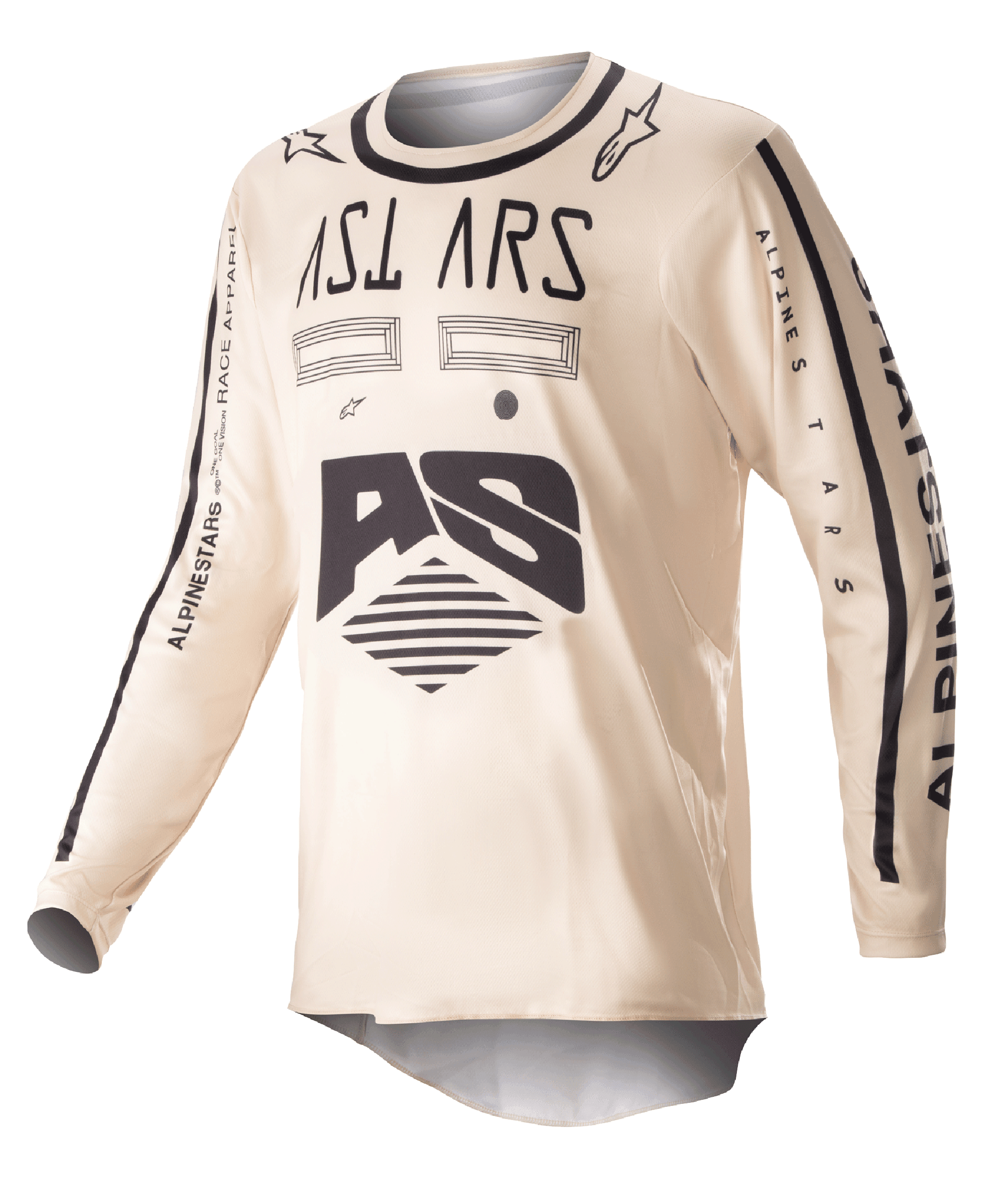 Alpinestars 2023 Racer Found Jersey, camiseta de motocross, beige con gráficos negros, equipamiento de manga larga de alto rendimiento para off-road, con el logotipo AS y marca en las mangas