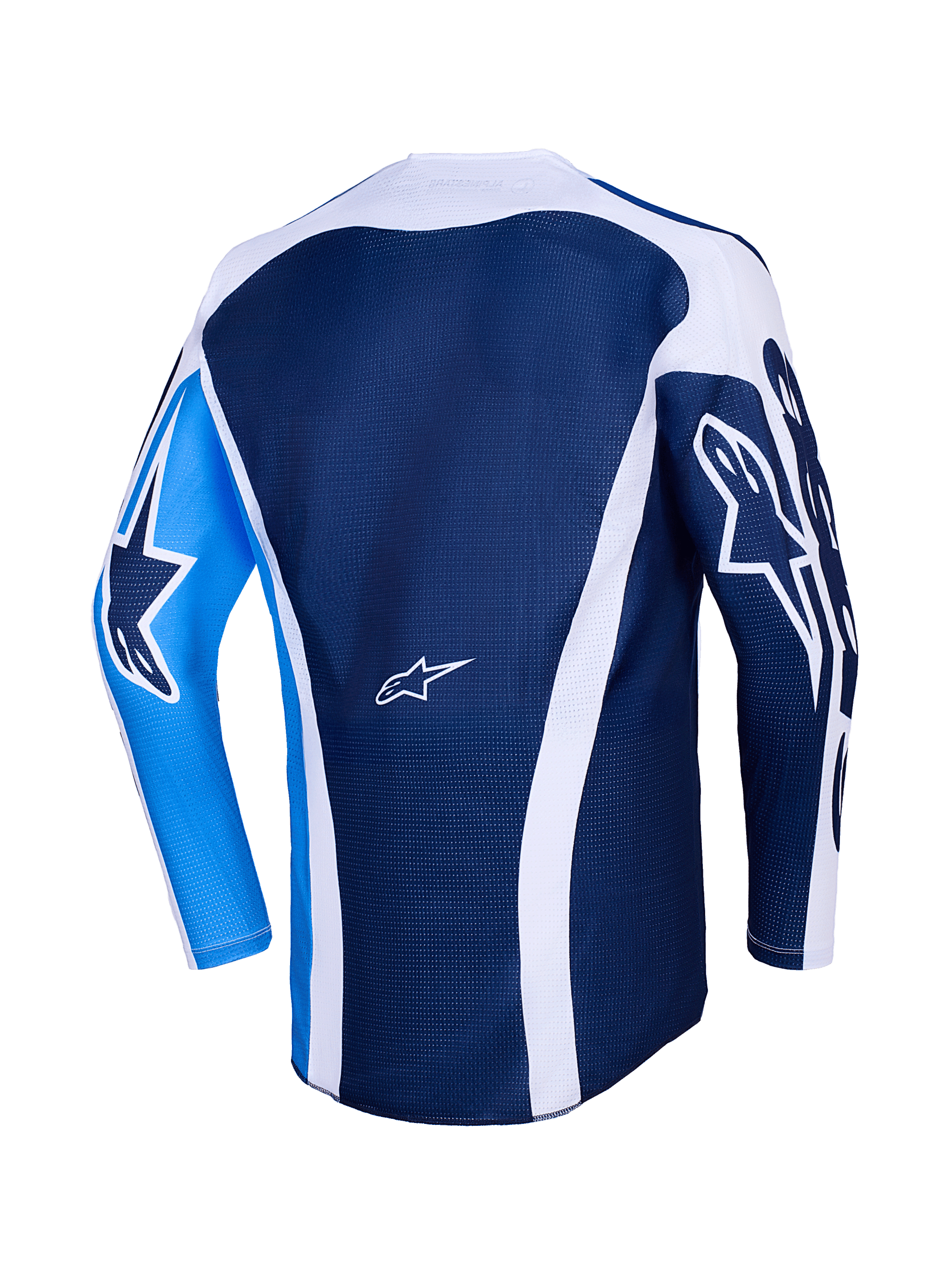 Alpinestars 2026 Racer Air Portl Jersey, Back view, Ucla Blue and White, dark blue mesh body with white curved accents, bright blue left sleeve with a dark blue star logo, dark blue right sleeve with white star logo, breathable motocross performance jersey