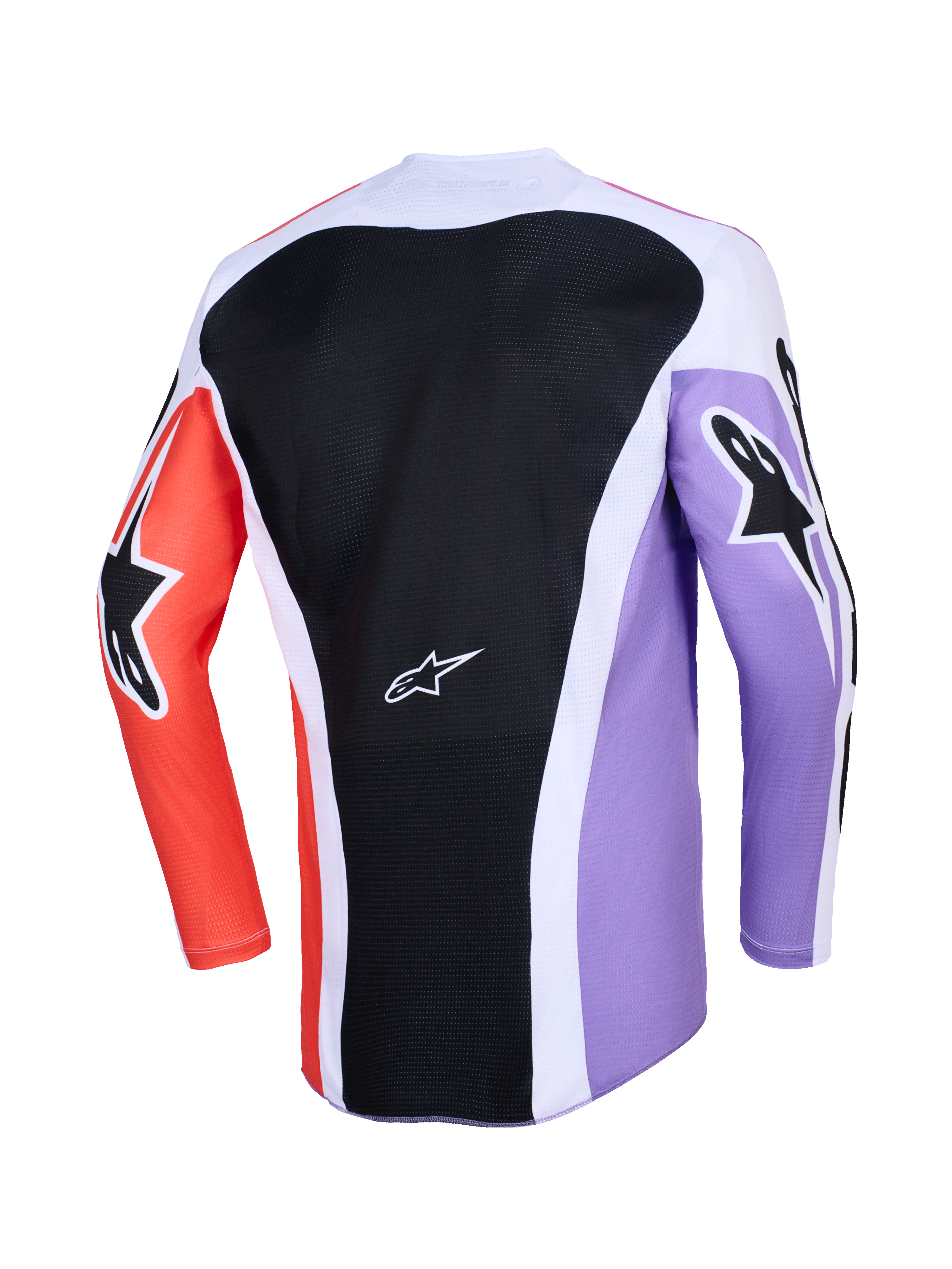 Alpinestars Racer Air Portl Jersey 2026, vista trasera de jersey de motocross de manga larga, diseño multicolor con panel trasero de malla negra, mangas púrpuras y naranjas con logotipos de estrellas negras, detalles blancos y construcción transpirable para conducción off-road.