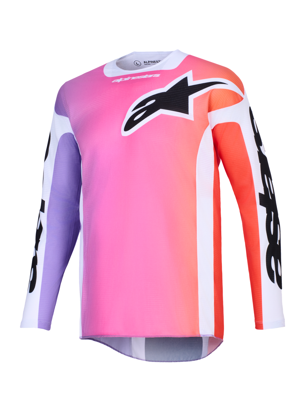 Jersey Alpinestars Racer Air Portl 2026, jersey de motocross con degradado multicolor en rosa, morado y naranja, gran logotipo Astars negro en el pecho, paneles laterales blancos, tejido de malla transpirable de manga larga y un corte trasero extendido.