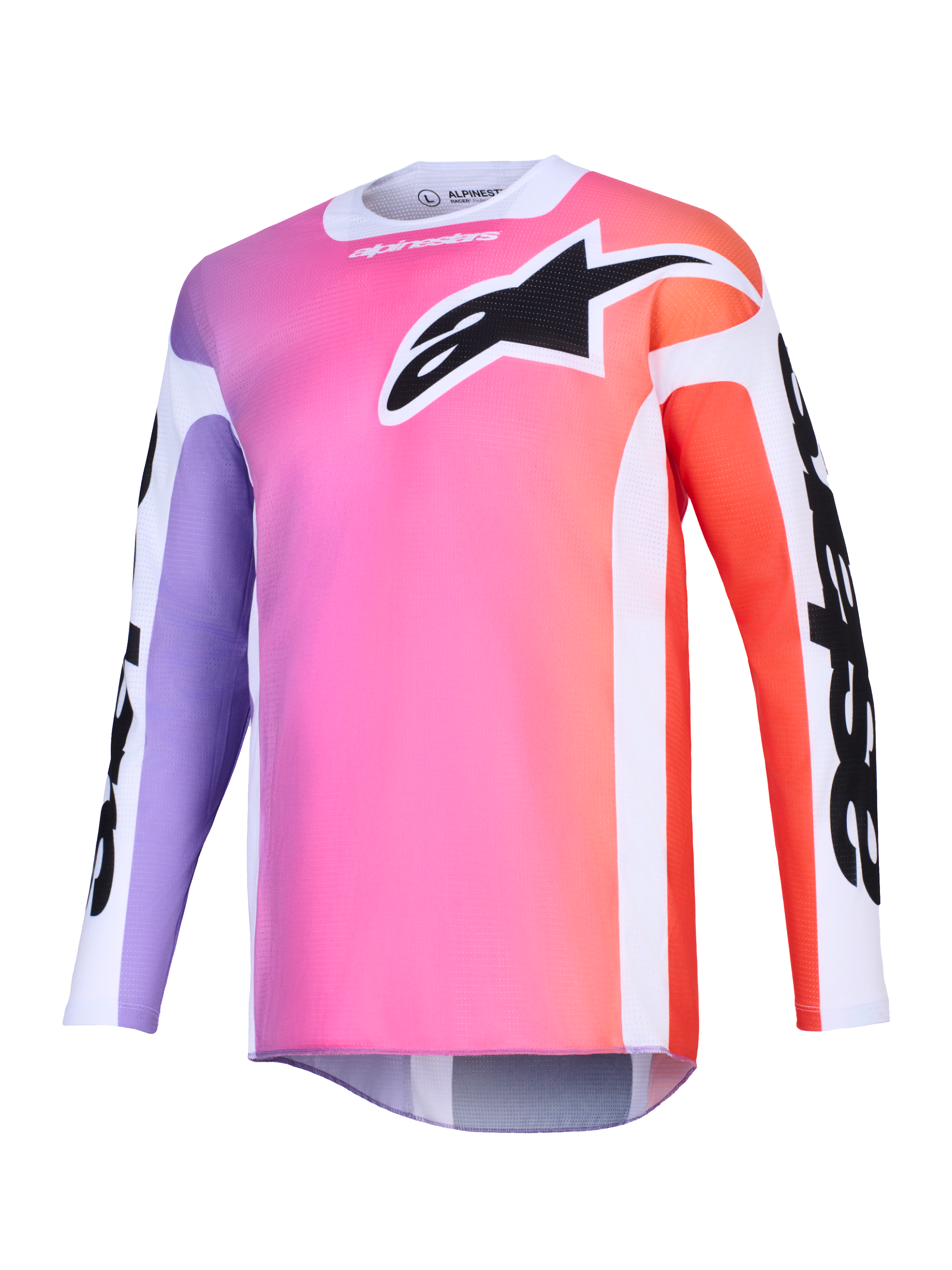Jersey Alpinestars Racer Air Portl 2026, jersey de motocross con degradado multicolor en rosa, morado y naranja, gran logotipo Astars negro en el pecho, paneles laterales blancos, tejido de malla transpirable de manga larga y un corte trasero extendido.