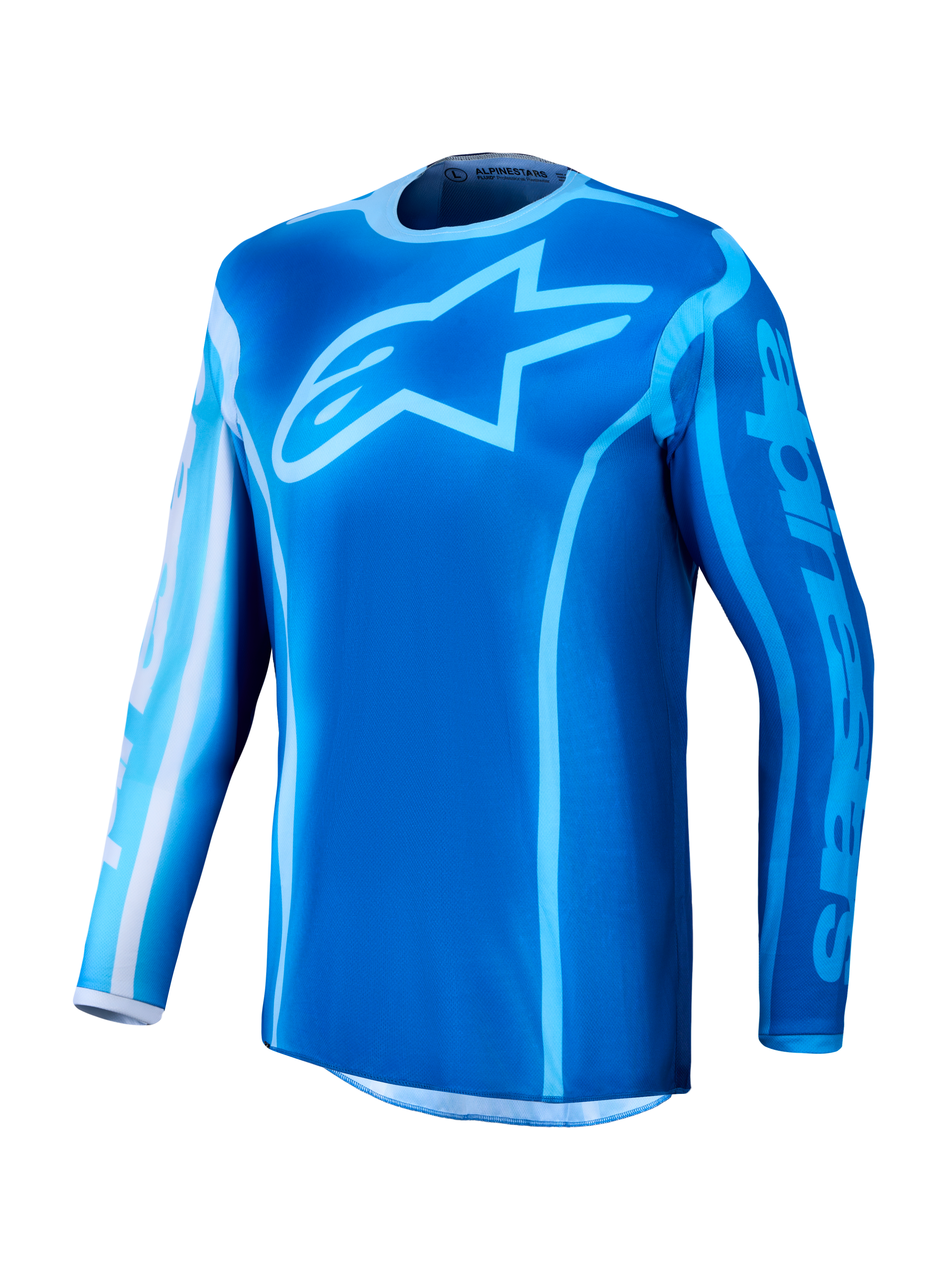 Alpinestars Fluid Kepler 2027, jersey de motocross azul con tejido que evacua la humedad y gran logotipo de estrella