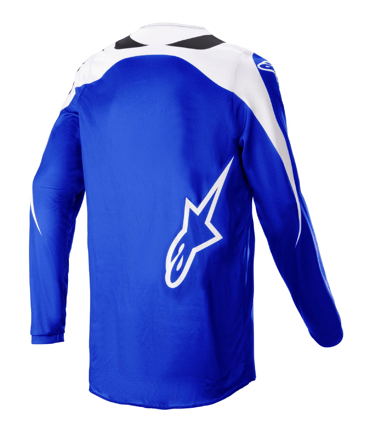 Alpinestars 2023 Fluid Narin Jersey, camiseta de motocross, Blue Ray White, vista trasera con un gran logotipo A-star blanco, paneles blancos en los hombros, poli-tejido transpirable para rendimiento off-road