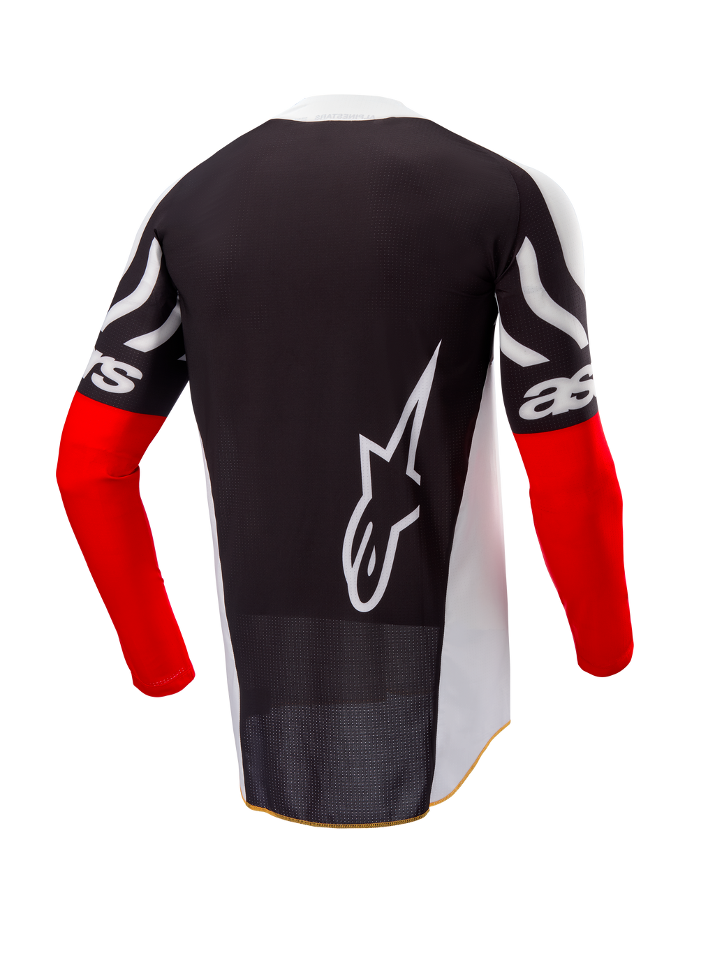 Alpinestars Techstar Deep Jersey Edición Limitada, jersey de motocross, vista trasera, negro y blanco con mangas en rojo intenso, gran logotipo blanco de Alpinestars en la espalda, ajuste atlético de competición con tejido de poliéster perforado.