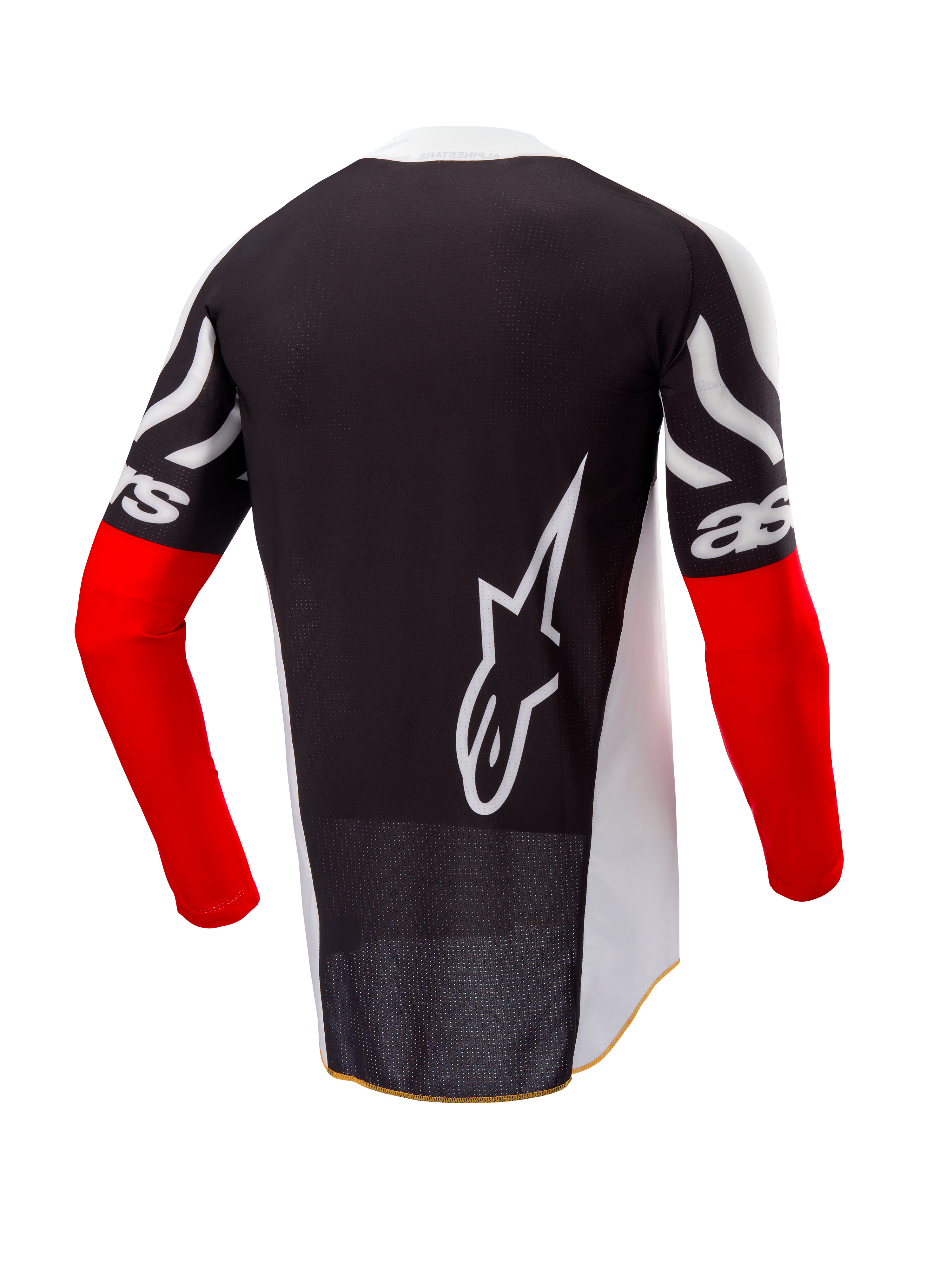 Alpinestars Techstar Deep Jersey Edición Limitada, jersey de motocross, vista trasera, negro y blanco con mangas en rojo intenso, gran logotipo blanco de Alpinestars en la espalda, ajuste atlético de competición con tejido de poliéster perforado.