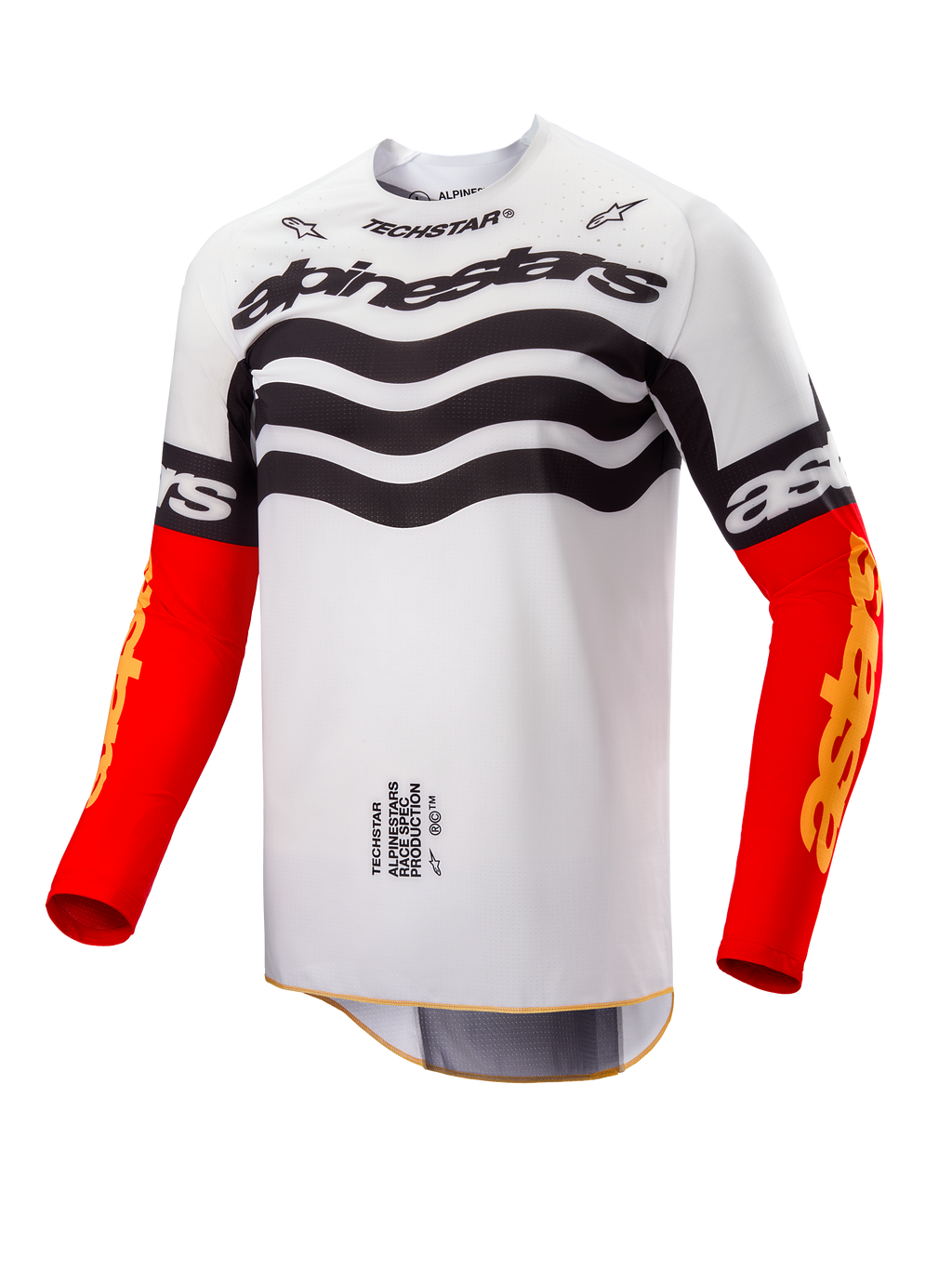 Alpinestars Techstar Deep Jersey Edición Limitada, jersey de motocross, diseño en blanco y negro con gráficos ondulados en el pecho, mangas en rojo brillante con logotipo Astars en amarillo, equipamiento de alto rendimiento para carreras todoterreno