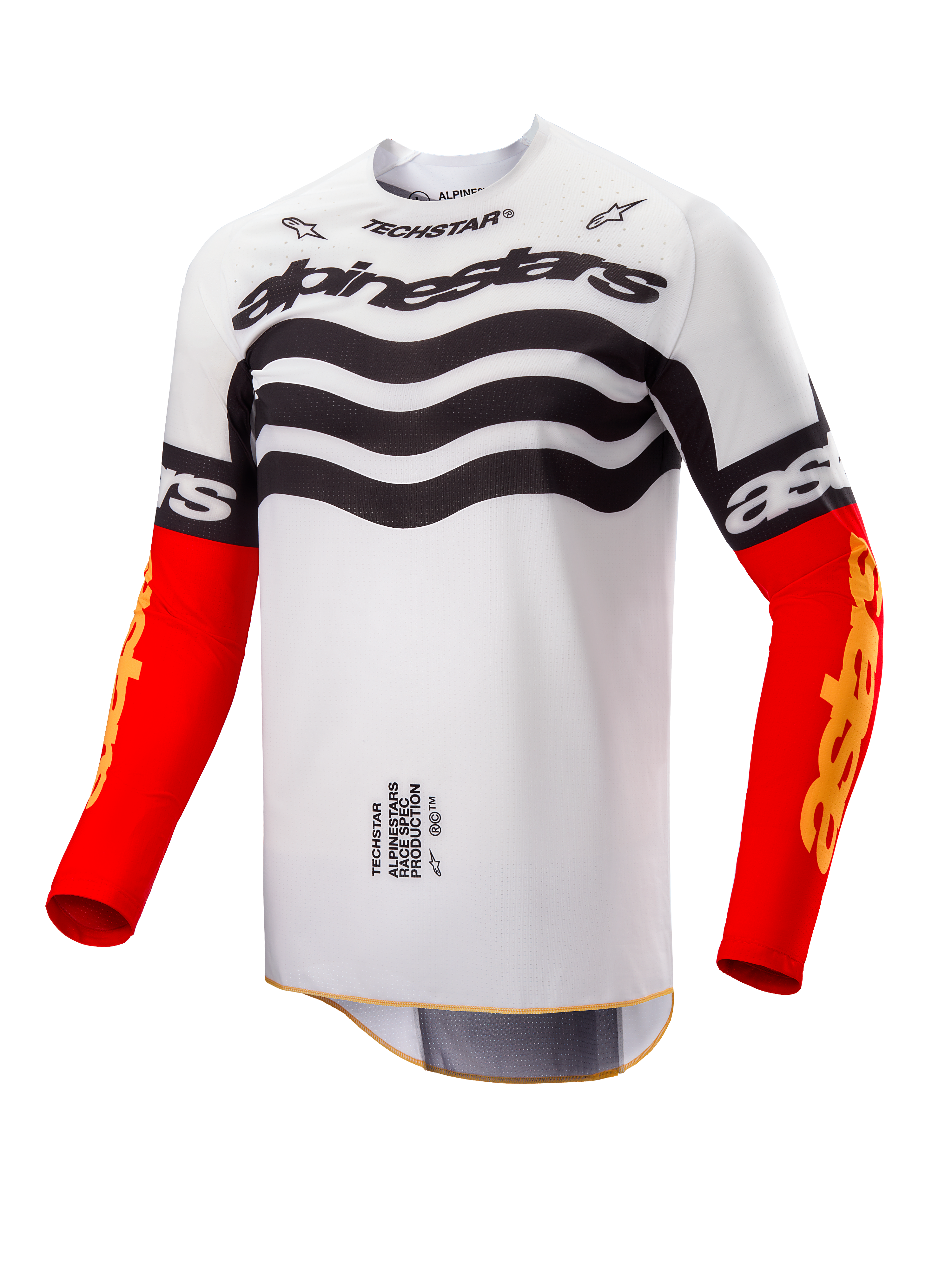 Alpinestars Techstar Deep Jersey Edición Limitada, jersey de motocross, diseño en blanco y negro con gráficos ondulados en el pecho, mangas en rojo brillante con logotipo Astars en amarillo, equipamiento de alto rendimiento para carreras todoterreno