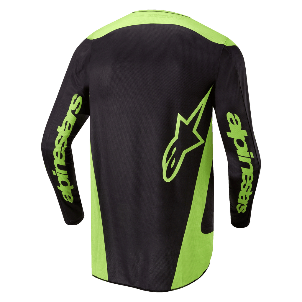 Alpinestars Fluid Lurv Jersey 2024, jersey de motocross, negro y amarillo flúor, vista trasera con paneles laterales amarillo neón, un logotipo de estrella grande en la parte inferior de la espalda y la marca Alpinestars en las mangas